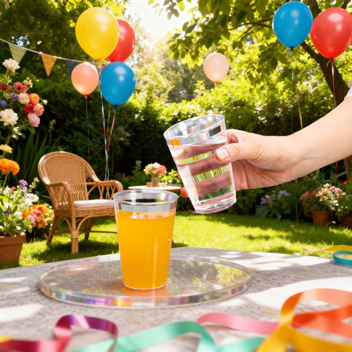 200 Pack Silver Plastic Cups, 12 Oz Clear Disposable Cups with Silver Rim, Heavy Duty Cocktail Cups for Party, Wedding and Daily Use - Image 5