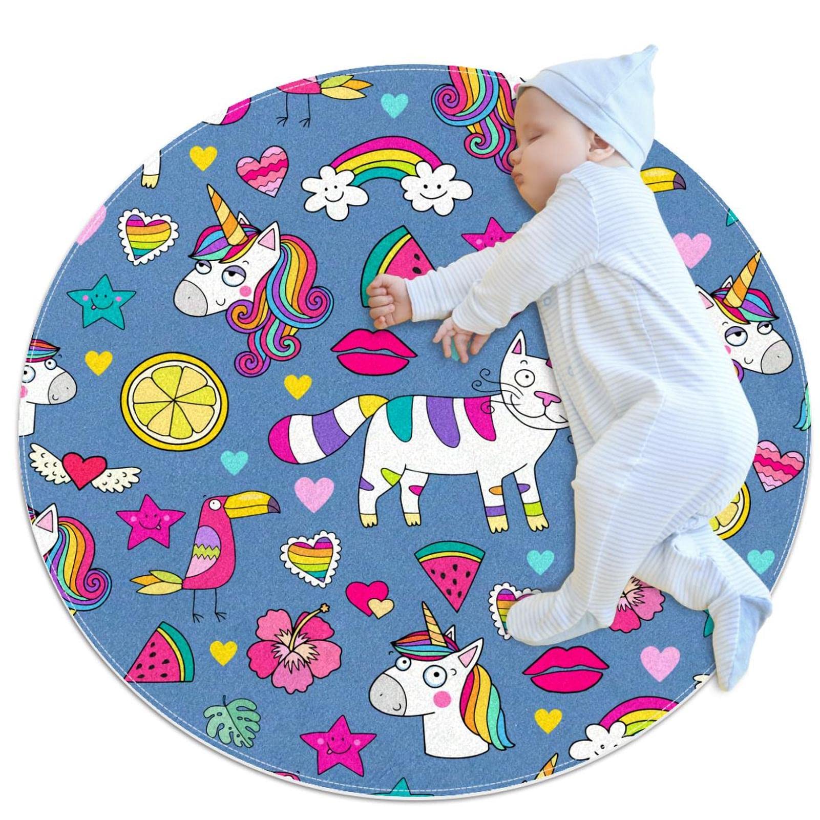 Tapis rond chat licorne pastèque JDEZ 100cm chambre enfant salle de jeux salon buanderie