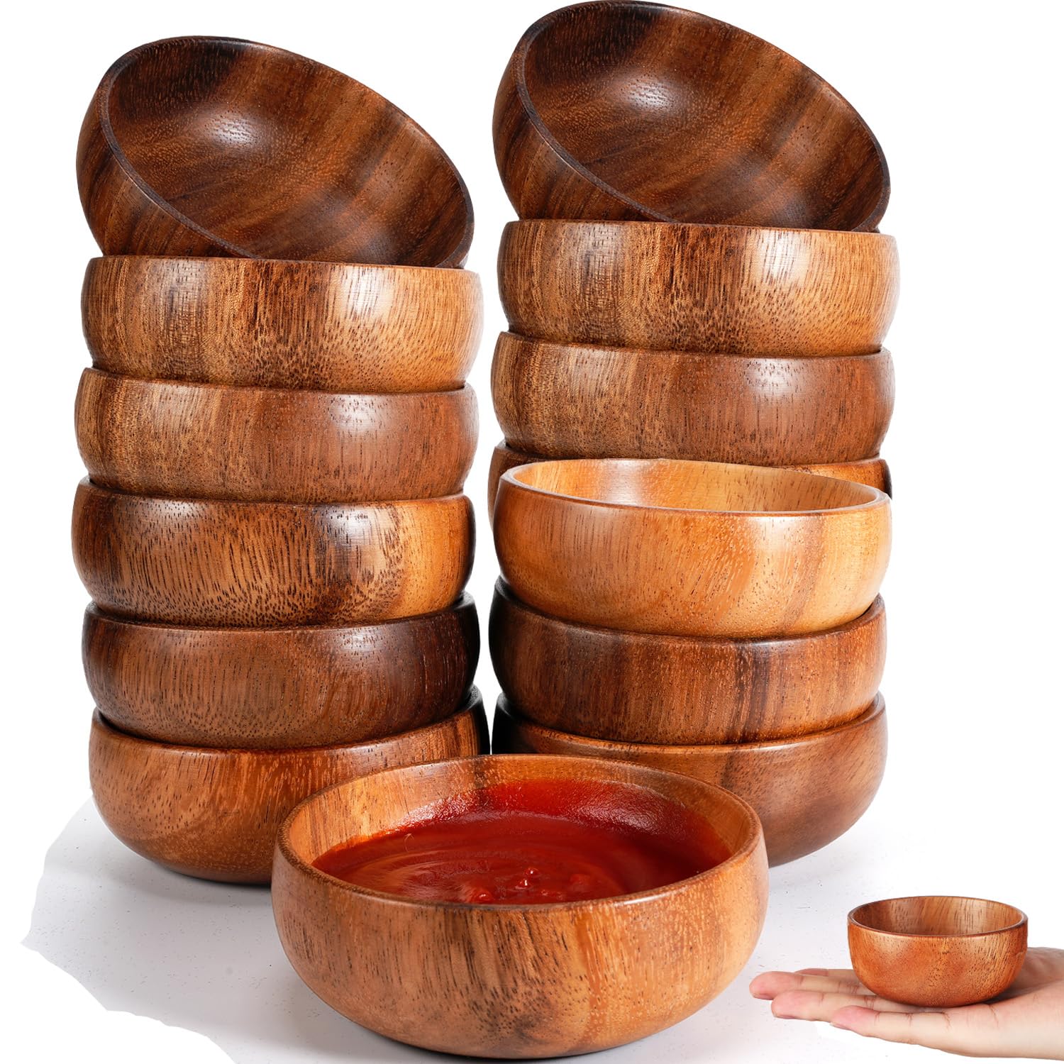 Skylety Cuencos de madera de acacia pequeños cuencos redondos de madera tallada a mano para servir palomitas de maíz, pasta, caramelos, cereales, coco, frutos secos, salsa, aperitivos, cocina (20
