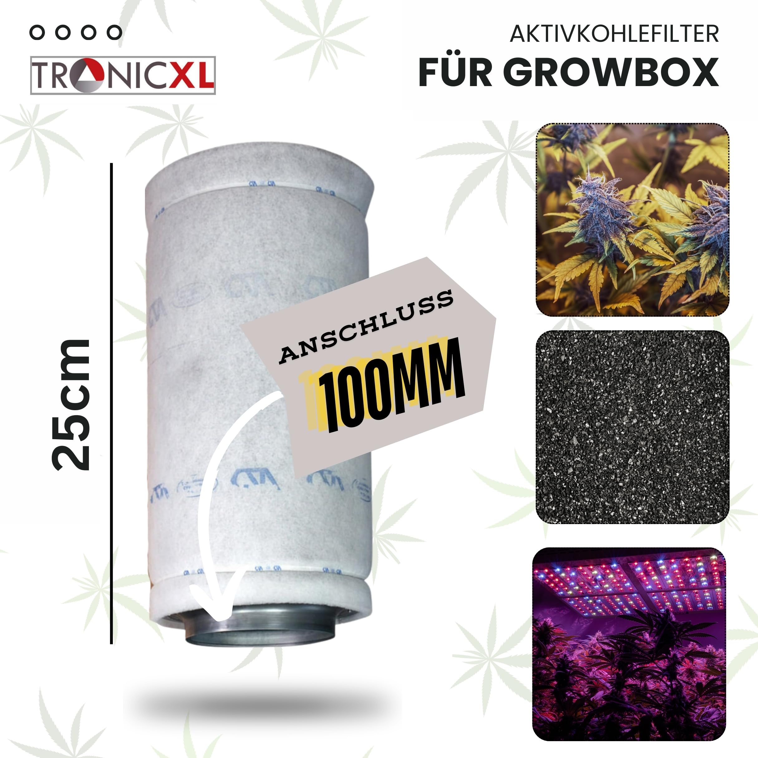 TronicXL Filtro de carbón activo premium de 100 mm + juego de suspensión para caja de cultivo para tienda de campaña, salida de aire, neutralizar olores, filtro, filtro de cultivador, filtro de carbón