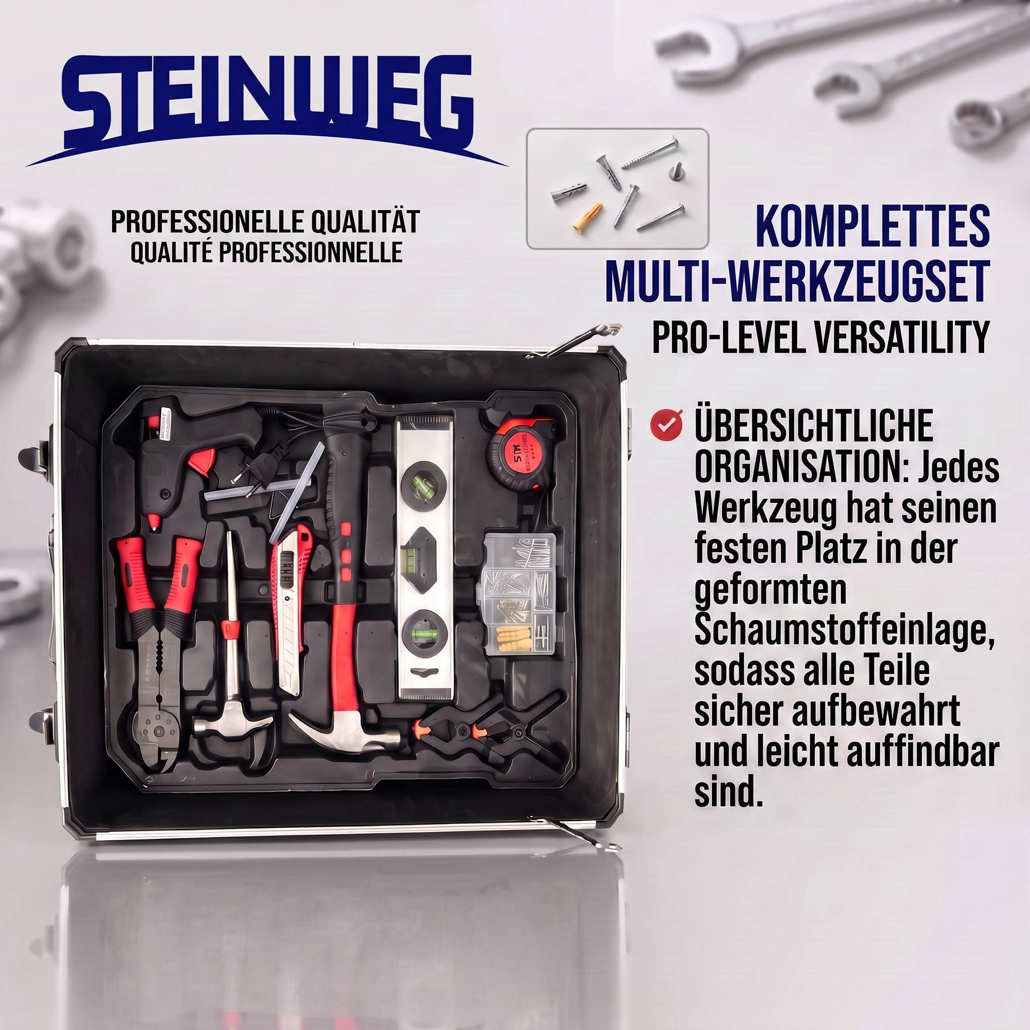 STEINWEG Aluminium Werkzeugkoffer Gefüllt 1400-tlg Werkzeug Set, Profi Werkzeugkoffer befüllt mit Schraubendreher, Schraubenschlüssel, Steckschlüssel, Zange, Hammer, Wasserwaage, komplett mit Werkzeug