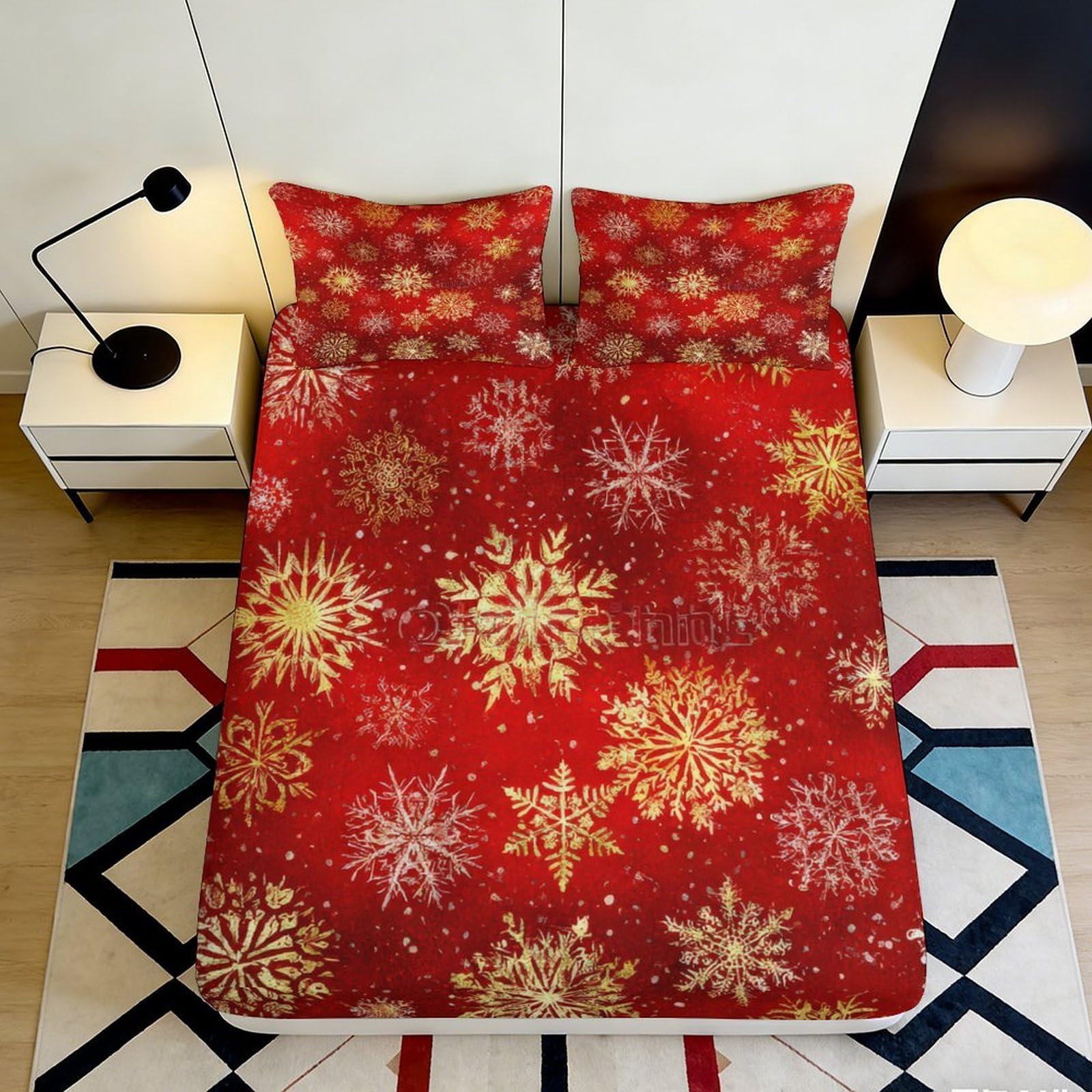 3D Printed Golden Snowflake Fitted Sheet Microfiber Red Christmas Bed Cover for Bedroom Guest Room Decor 90x200x25cm