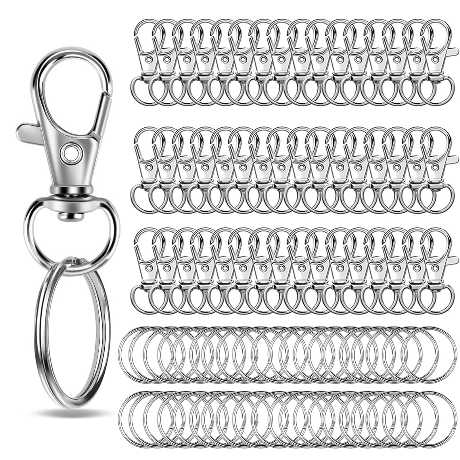 AMSGANK Moschettone Portachiavi Metallo, 120 Pezzi Moschettoni Piccoli Multiuso Incluso 60 Anelli Portachiavi e 60 Moschettone Girevole, Keychain Fai da Te per Bigiotteria (Argento