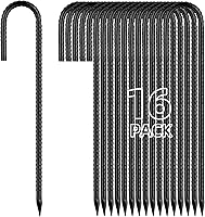 Besitu 12 Inch J-Hook Rebar Stakes 16-Pack - Heavy Duty Galvanized Metal Ground Anchors for Chain Link Fences, Tents, Inflatables, Canopies
