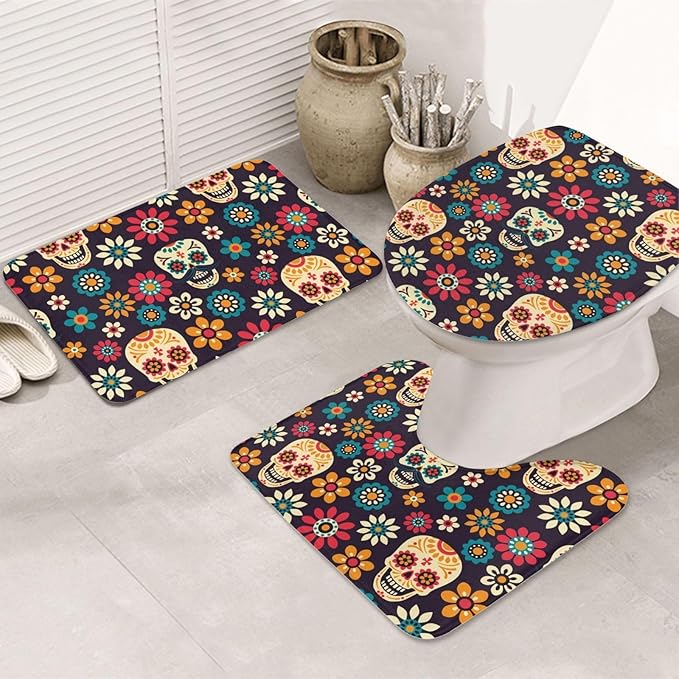 Halloween Ghost Sugar Skull Bathroom Mat 3-Piece Set of Flannel Bath Mat Set, Super Absorbent Toilet Cover and Soft Plush Anti Slip Bathtub Mat Floor 31.5×20in.