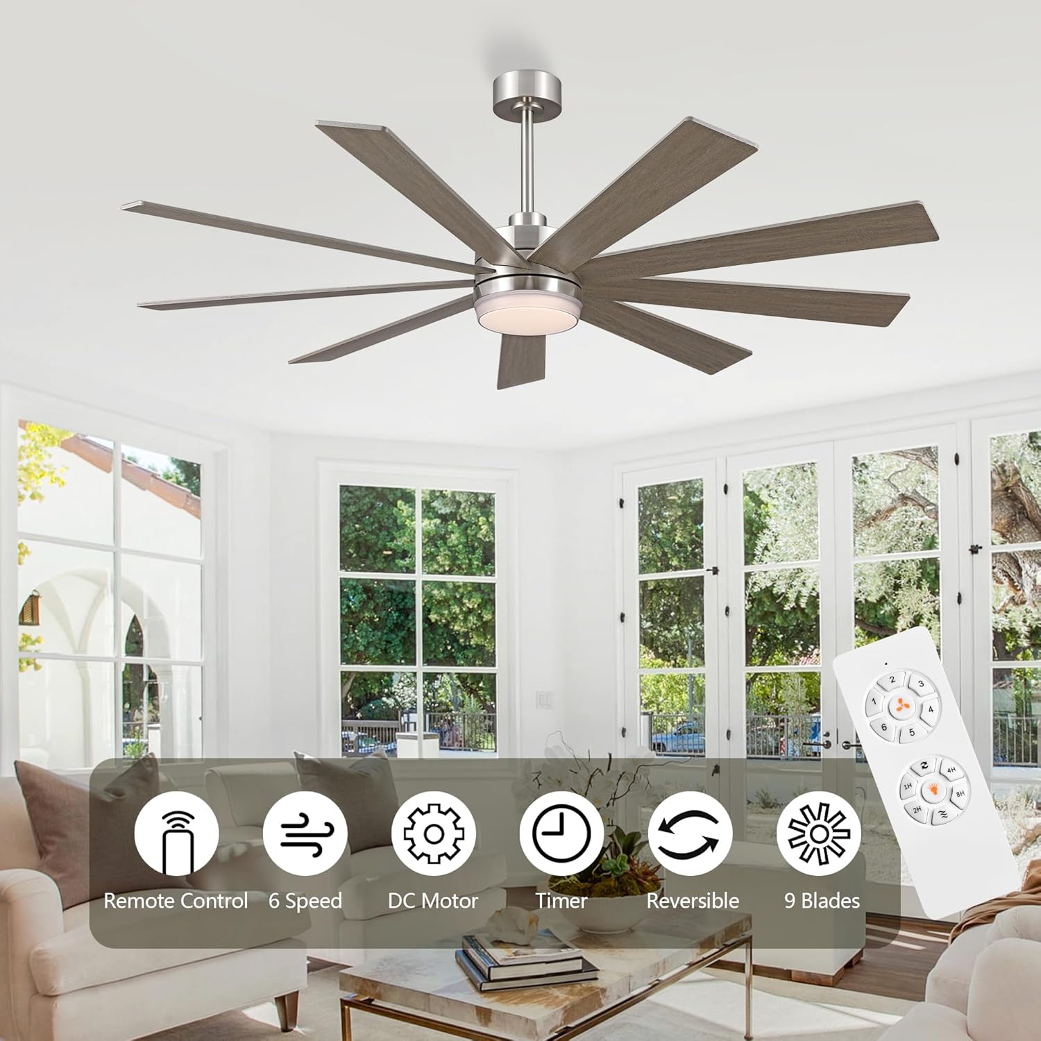 LEDLUX 64" Ceiling Fan with Light, 6-Speed Remote Control, Reversible DC Motor, Modern 9 Blades with 4.5"/12" Downrods for Home or Commercial Silver/Wood Color