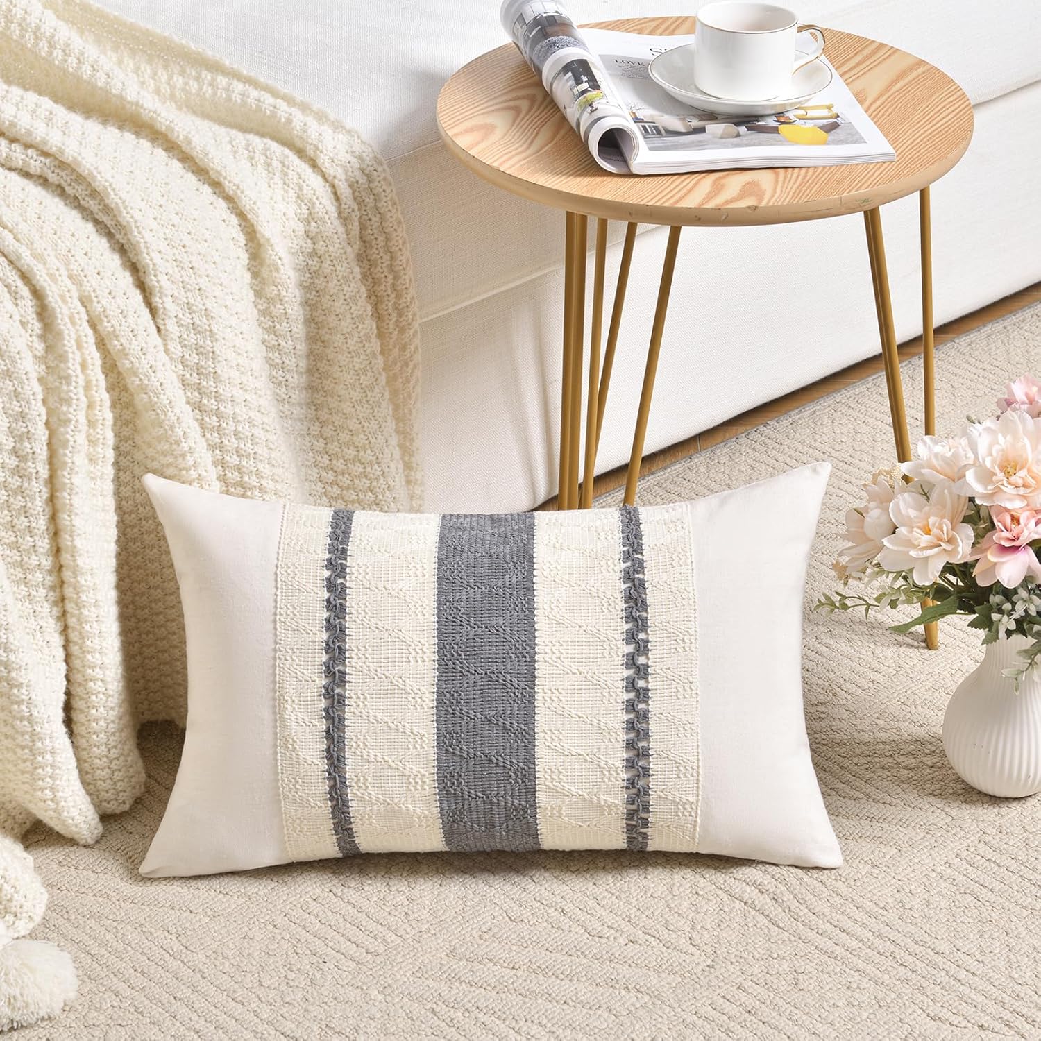 Fancy Homi Set of 2 Neutral Grey Farmhouse Lumbar Decorative Throw Pillow Covers 12x20 Inch for Couch Bed Chair, Vintage Country Rustic Retro Room Decor, Soft Thick Cotton Rectangle Cushion Case - Image 2