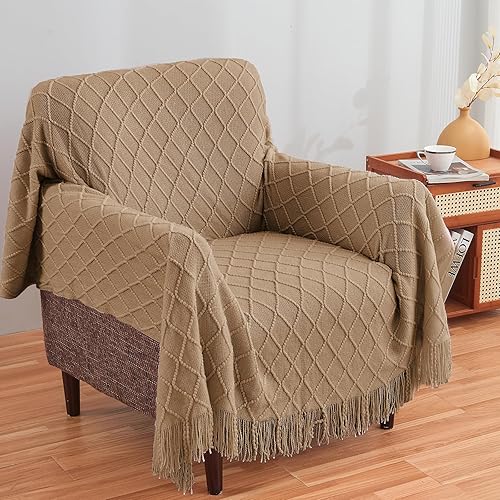 Miniatura 4 de inhand Mantas de punto para sofá y cama, manta de punto suave y acogedora con borla, mantas decorativas ligeras y mantas decorativas, manta tejida