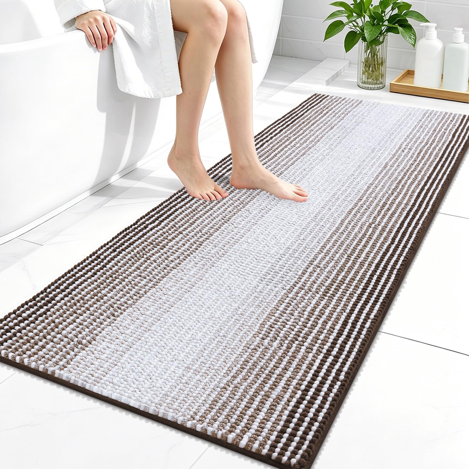 OLANLY Bathroom Runner Rugs 44x24, Soft Chenille Striped Bath Rugs, Brown