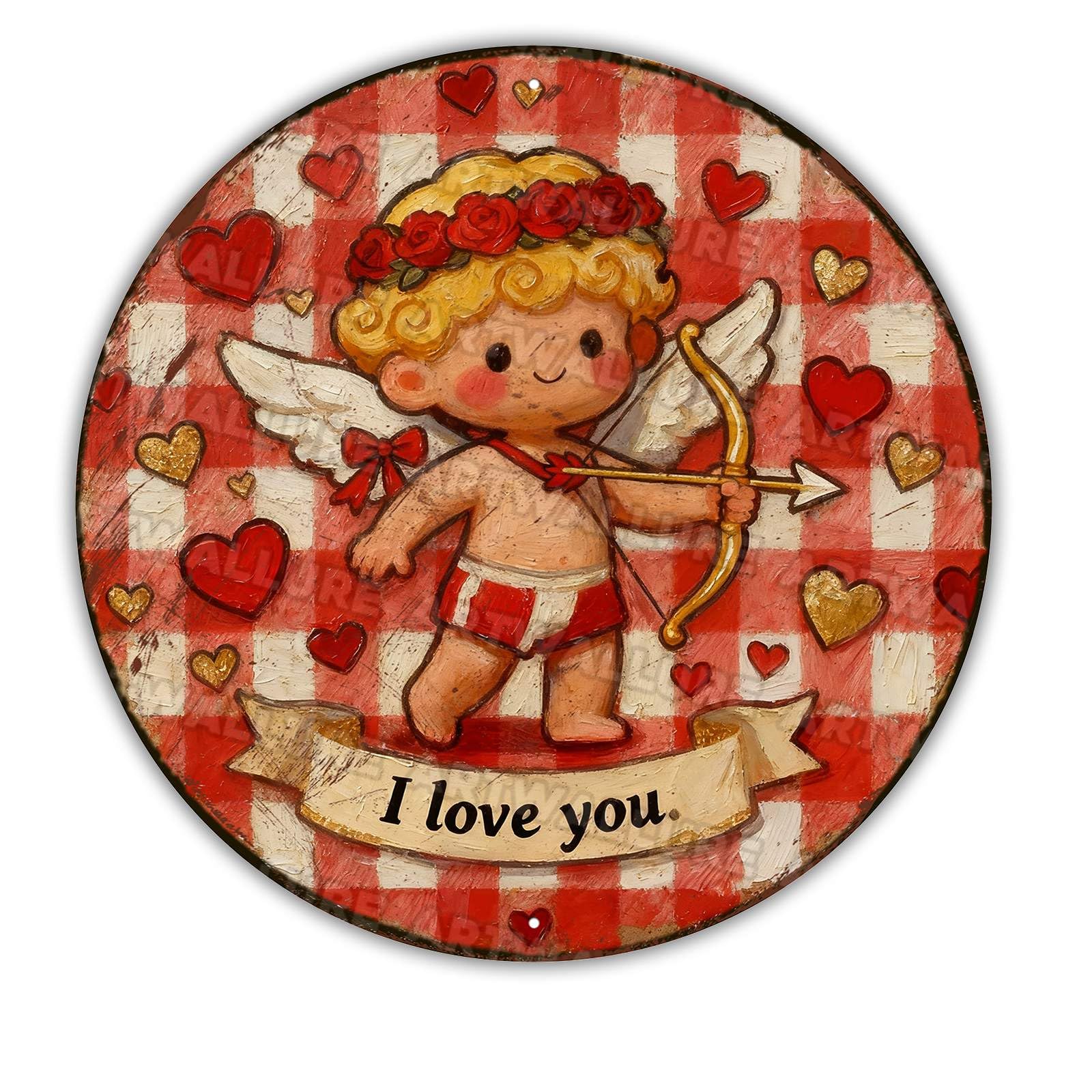 Round Valentine Cupid Metal Sign Cute Cherub With Roses And Bow Red Gingham Background Romantic Love Theme Home Decor Rustic Country Style 12x12Inch