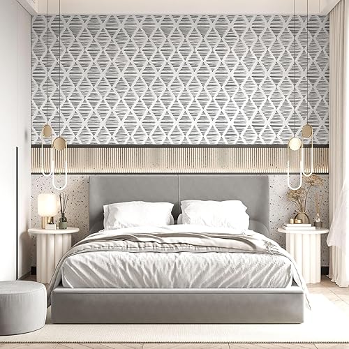 Miniatura 8 de Papel tapiz moderno en blanco y negro de 17.3 x 120 pulgadas, diseño de rayas geométricas, papel de contacto autoadhesivo extraíble, papel de pared