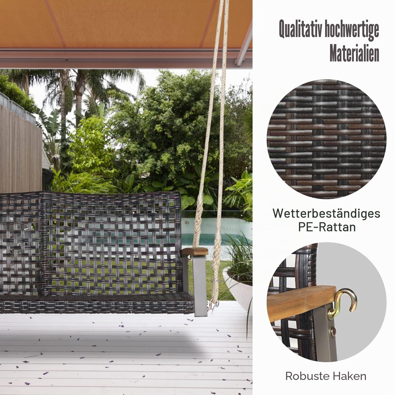 GIANTEX Schaukelbank Outdoor 2 Sitzer, Hängebank PE-Rattan, Gartenschaukel Veranda-Schaukel zum Aufhängen, bis 360 kg belastbar, Hollywoodschaukel Schaukel für Balkon Veranda Terrasse