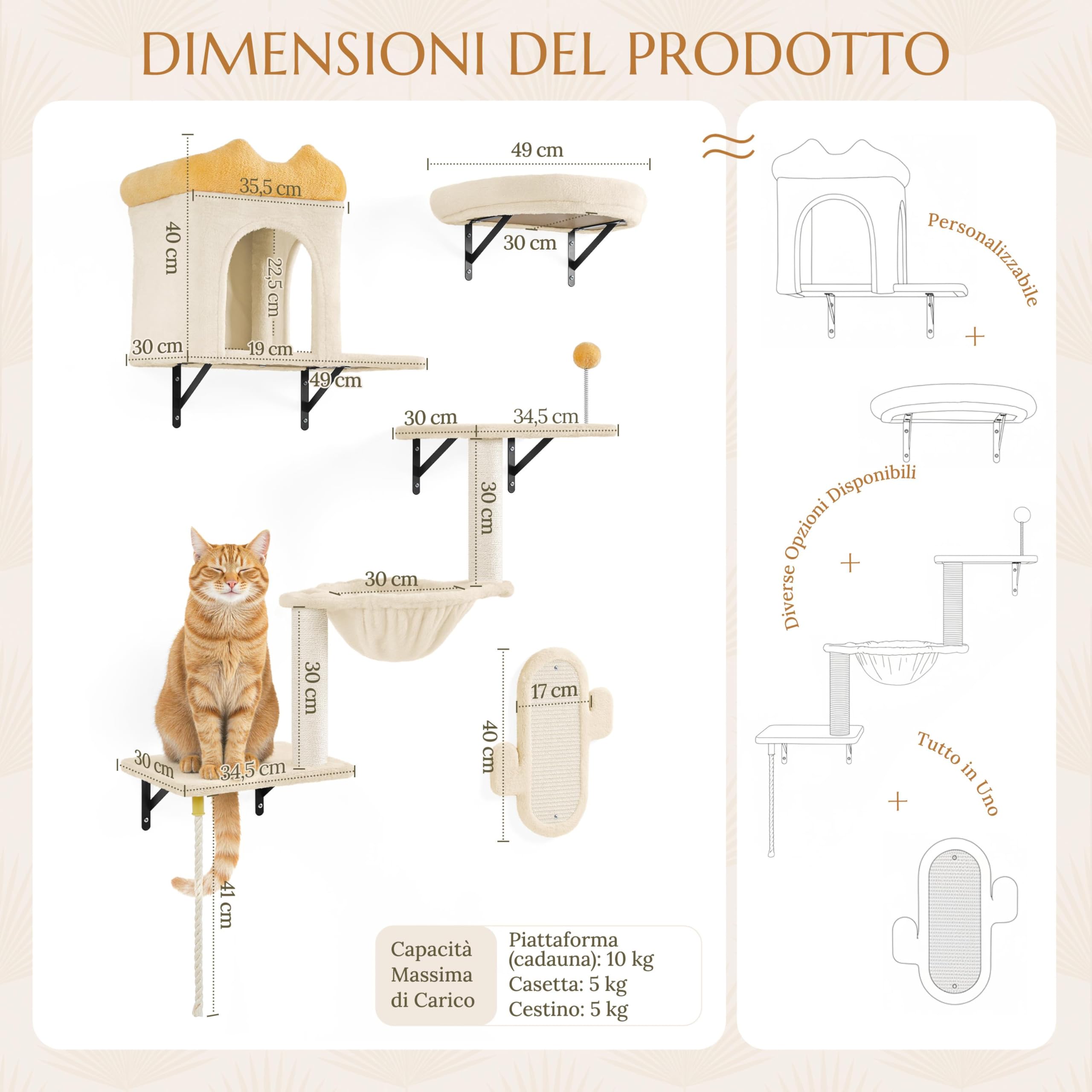 Parete da Arrampicata per Gatti, Set di 4 Mensole da Parete con Tiragraffi, Casetta, Cesta e Palla Sospesa, Mobili da Parete per Gatti in Peluche per Dormire e Giocare, Beige