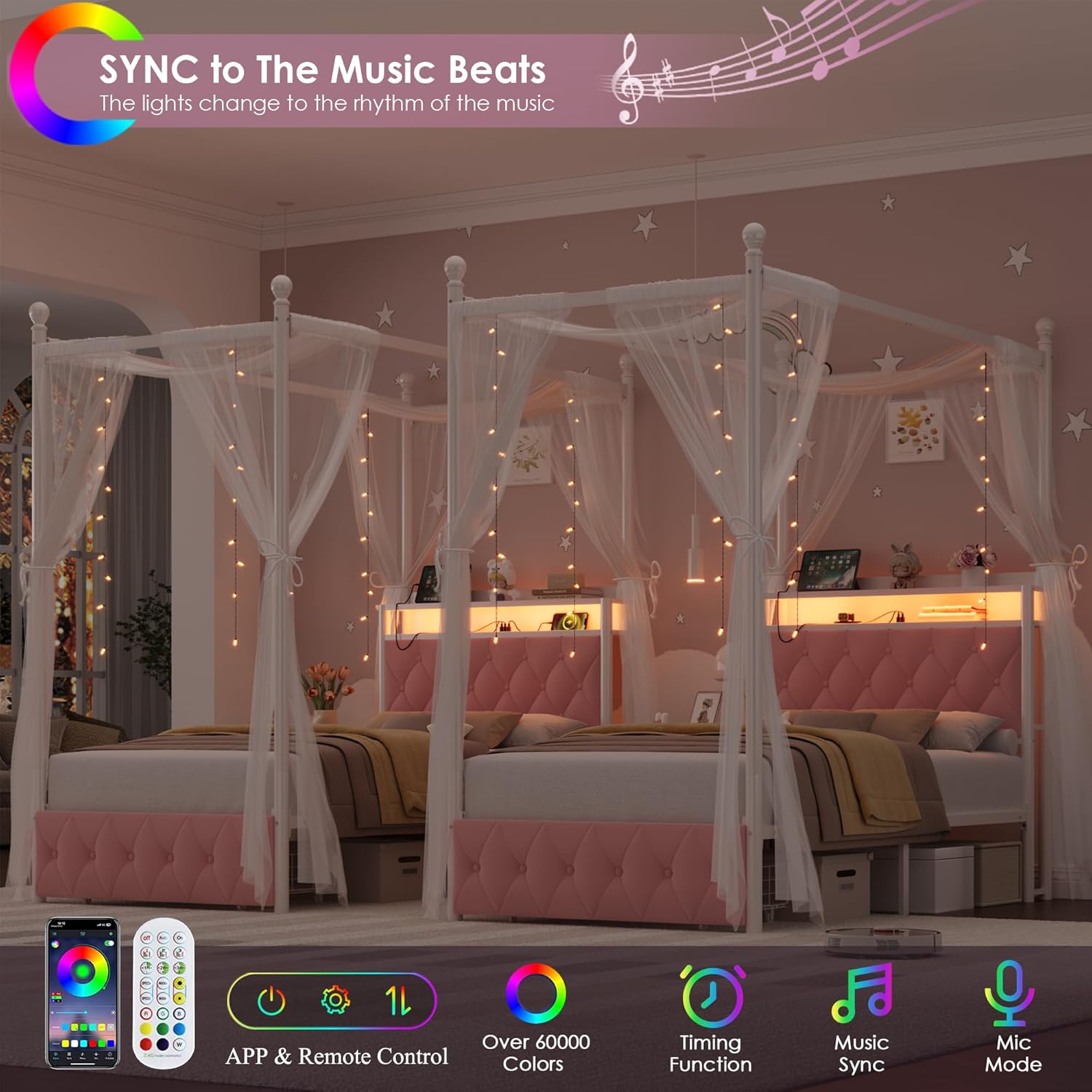 HIFIT Girls Twin Upholstered LED Canopy Bed Frame with Storage and Charging Station, Button Tufted Storage Headboard with Bookshelf, Two-Use Kids Metal Platform Bed w/4 Removable Post & 2 Drawer, Pink