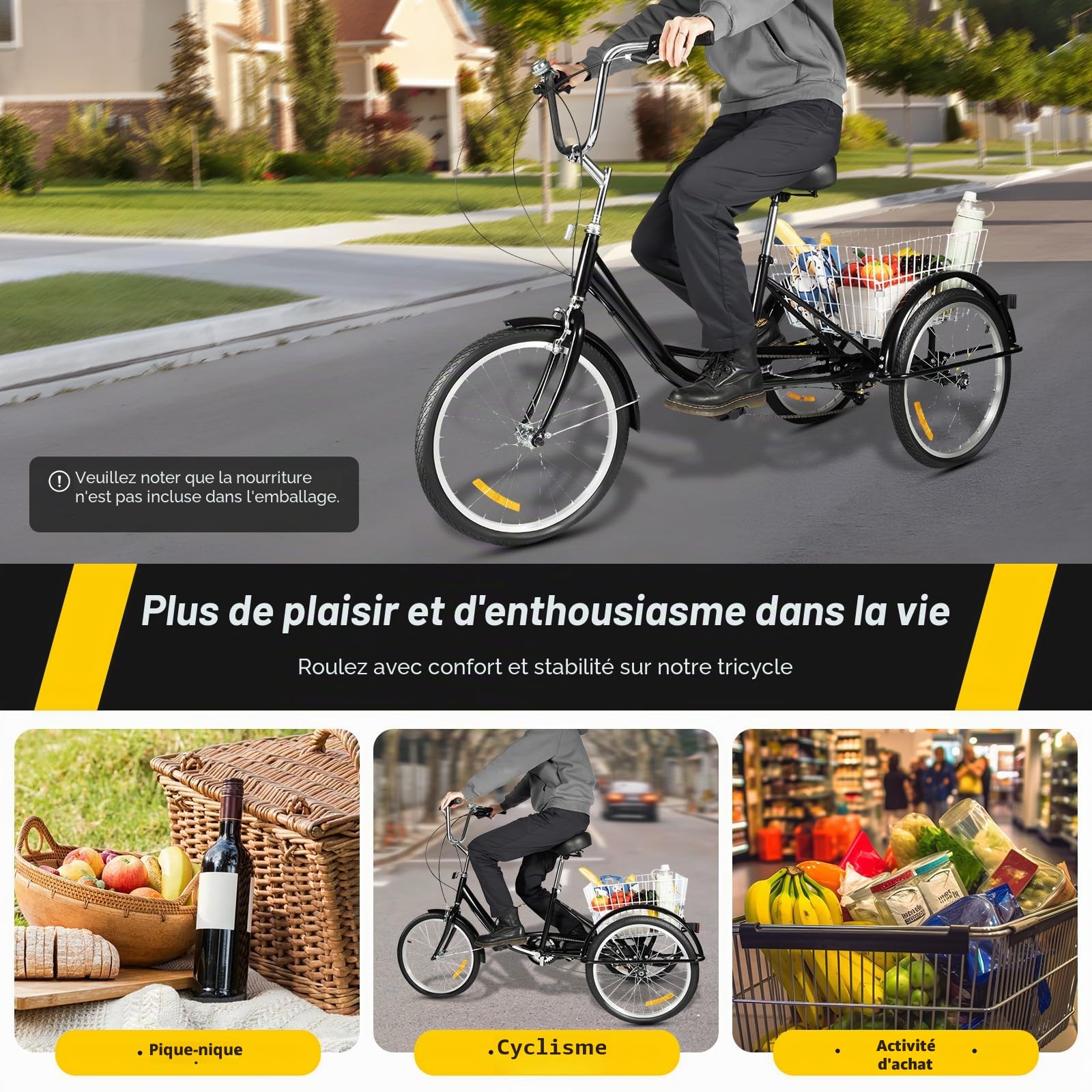 Tricycle de 20 pouces pour adulte - 8 vitesses - En acier au carbone - Peut supporter 110 kg - 3 roues - Avec panier à provisions - Tricycle pour personnes âgées (155-180 cm)