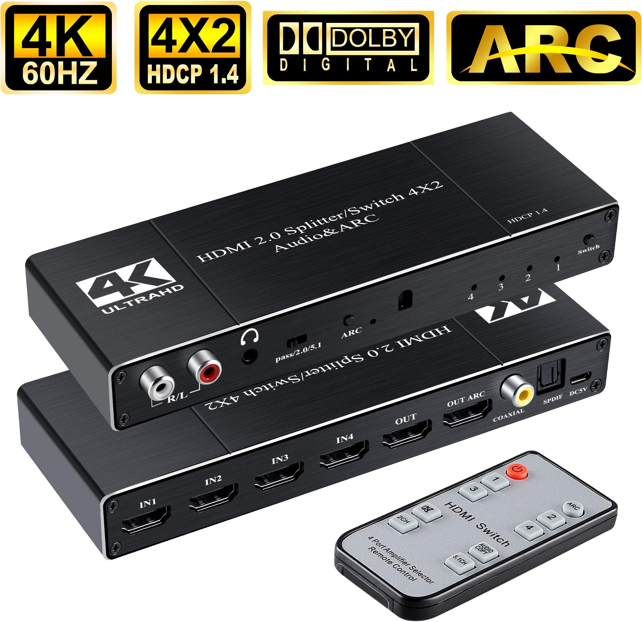 HDMI Switch 4x2 4K@60HZ, avedio links 4 in 2 Out HDMI Switcher Splitter with Optical/Coaxial/3.5mm/R/L Audio Out, 4-Port HDMI Audio Extractor Support ARC,HDMI 2.0, HDCP 1.4 (with IR Remote)-Black