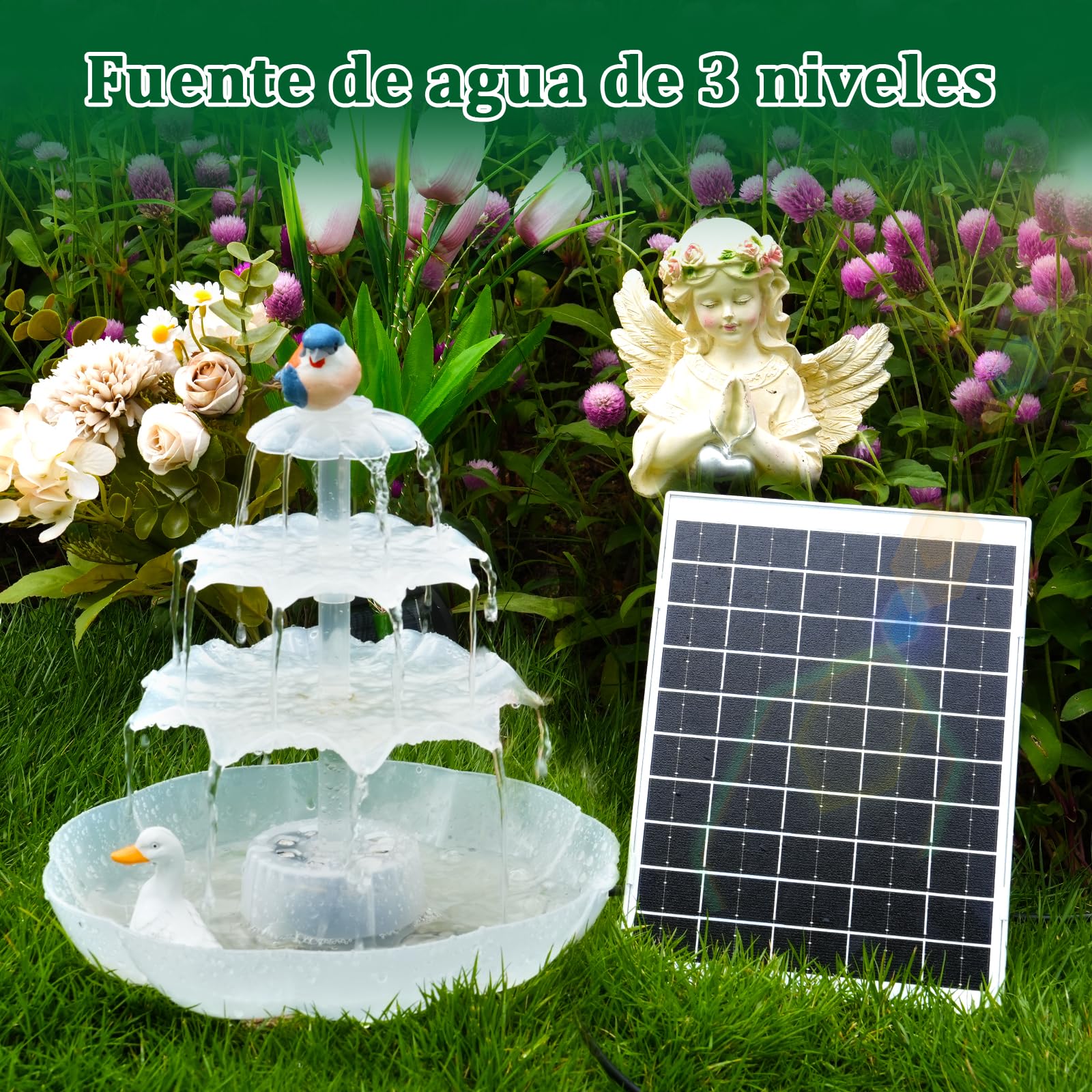 AISITIN Fuente Solar LED 6.5W con Batería, Baño para Pájaros | Batería 1800mAh Comedero 3 Niveles Desmontable Para Jardín Estanque Blanco
