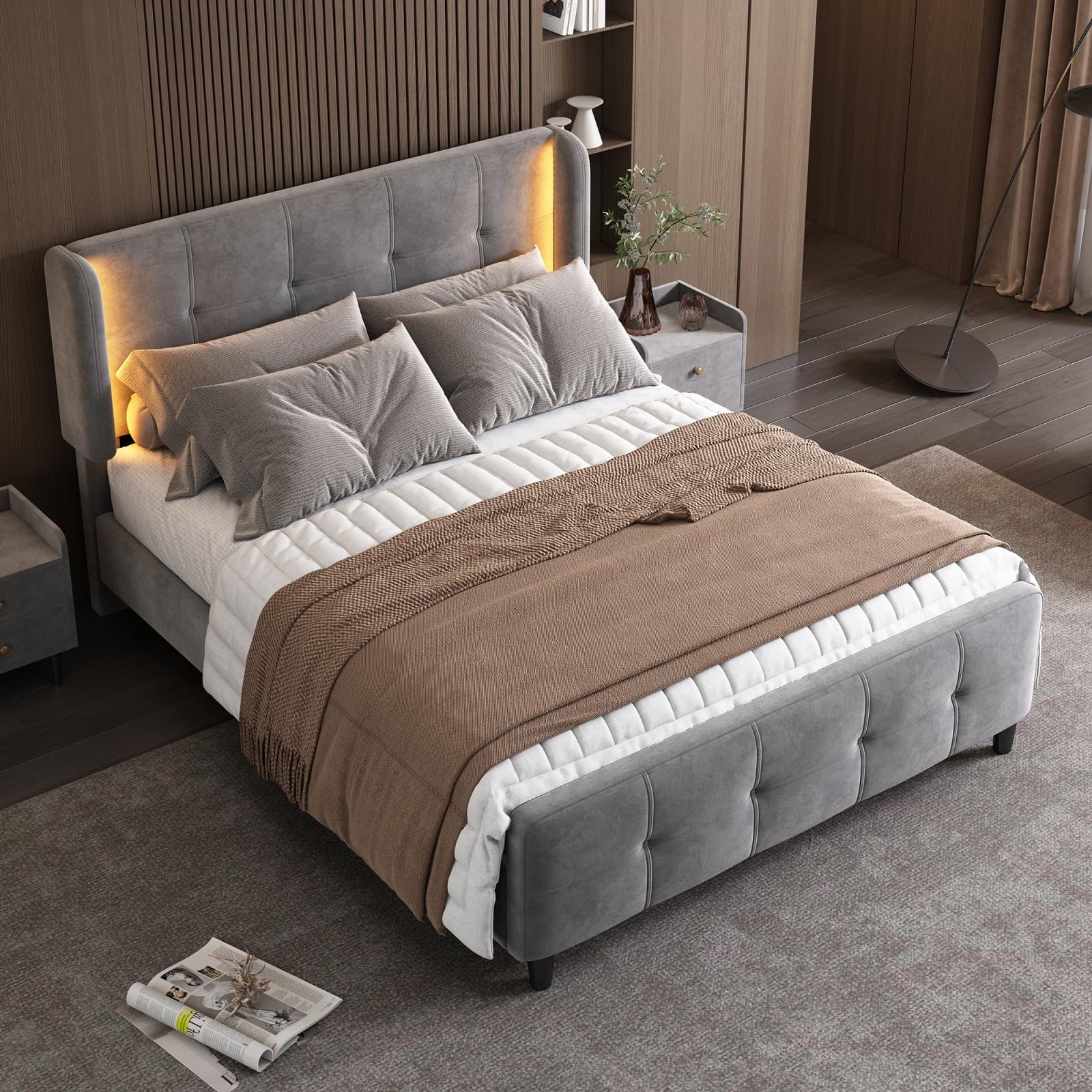 Letto imbottito 140 x 200 cm – letto matrimoniale con barra LED a 16 colori e testa regolabile, letto a molle con rete a doghe, letto per ragazzi grigio velluto (senza materasso)