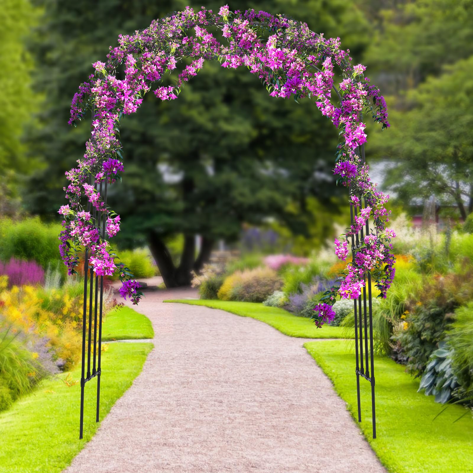 Arco de metal, 240 x 150 x 40 cm, arco de escalada para plantas, arco de jardín con barra de perforación, tapa protectora, soporte para plantas de acero negro, para verduras y flores