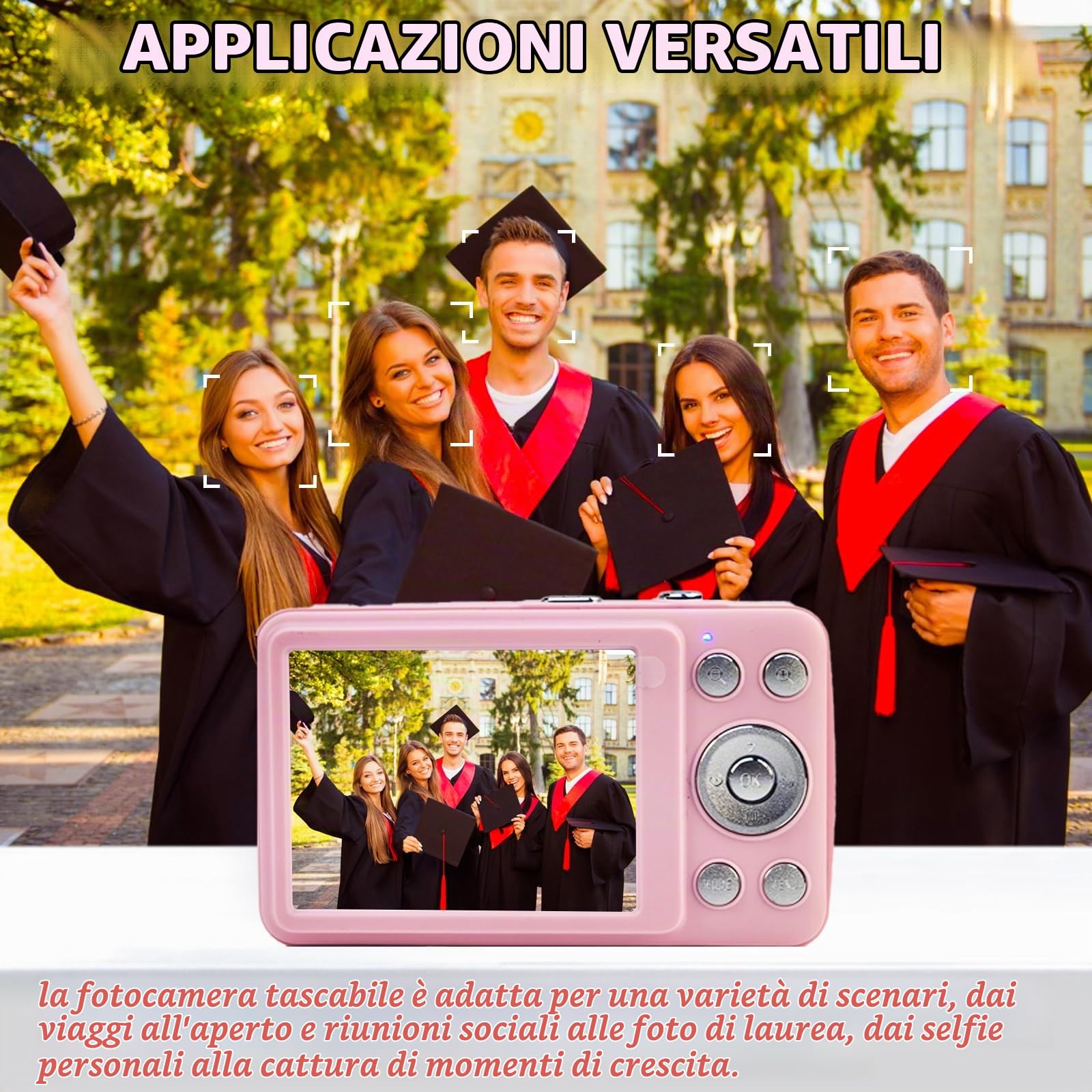 Fotocamera digitale, 16MP 1080P FHD con display da 2,4 pollici, zoom 16x, autofocus, anti-shake, fotocamera compatta e portatile entry-level per foto e video, Rosa
