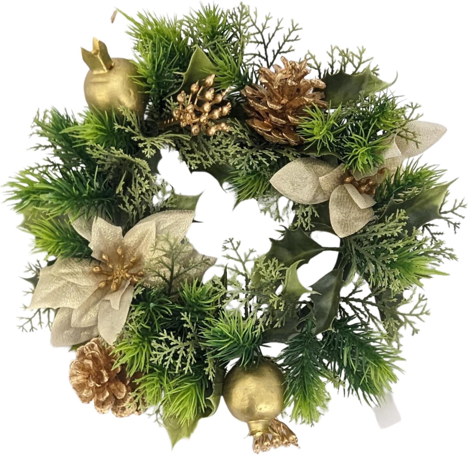 10" inch Artificial Gold Poinsettia & Holly Christmas Wreath for indoors and outdoors