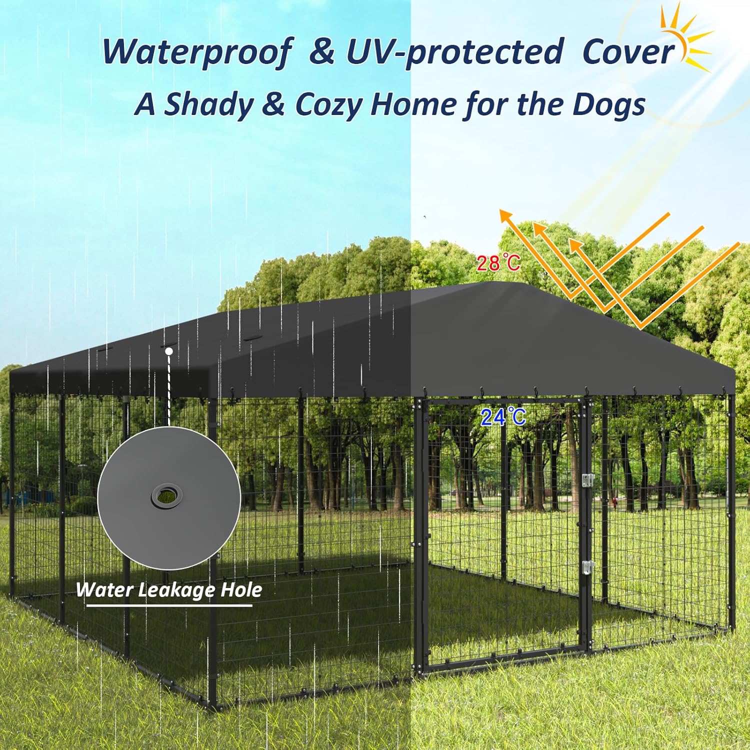 ALAULM 10'x10' Large Outdoor Dog Kennel with Waterproof Roof Cover, Heavy Duty Dog Enclosures w/Upgraded Metal Grid and Door Locks for Lawn & Backyard