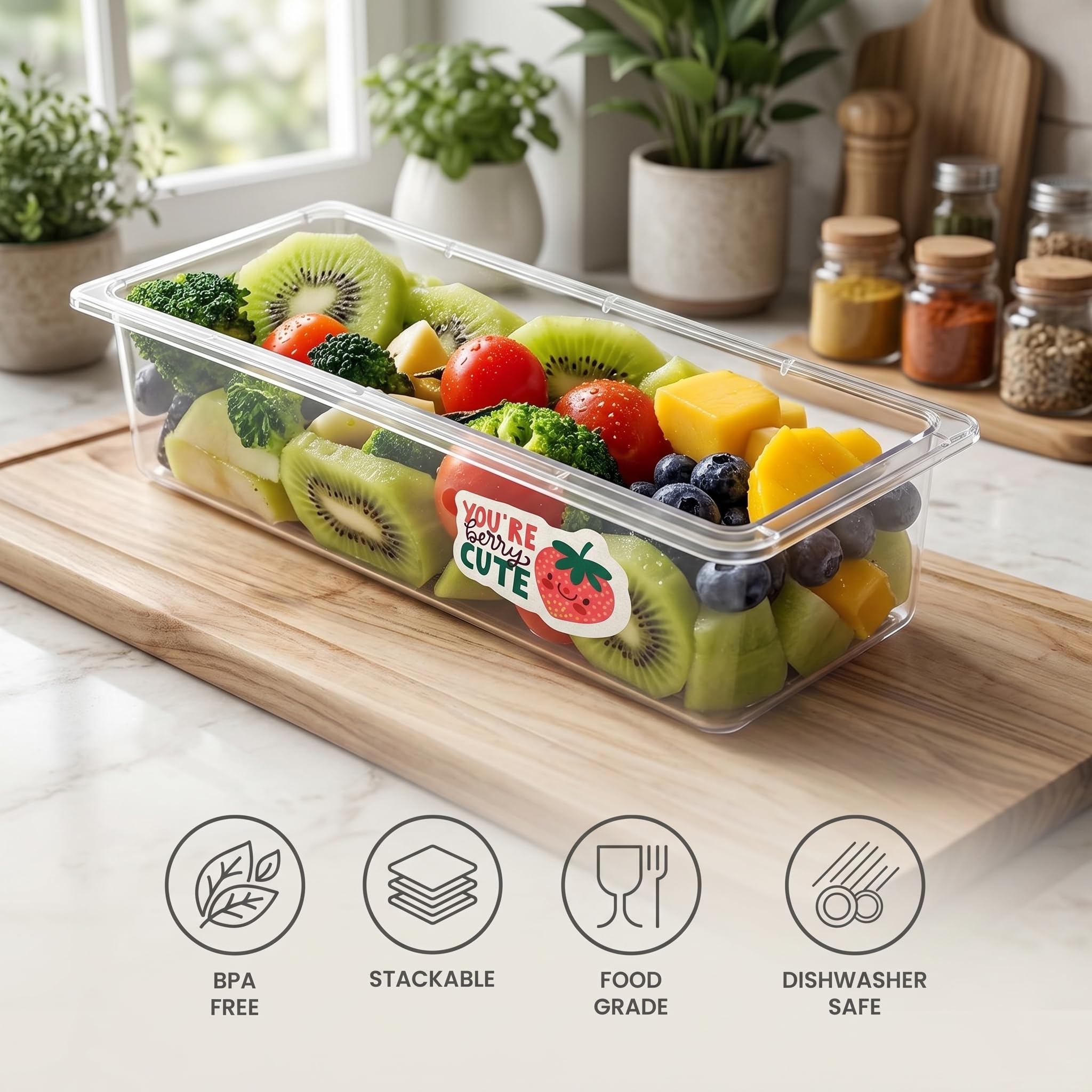 Milton Cryo - Juego de 6 cajas de almacenamiento para nevera, organizador de nevera con calcomanías de vinilo impermeables y placa de drenaje extraíble, tapa, caja apilable, recipientes de plástico de