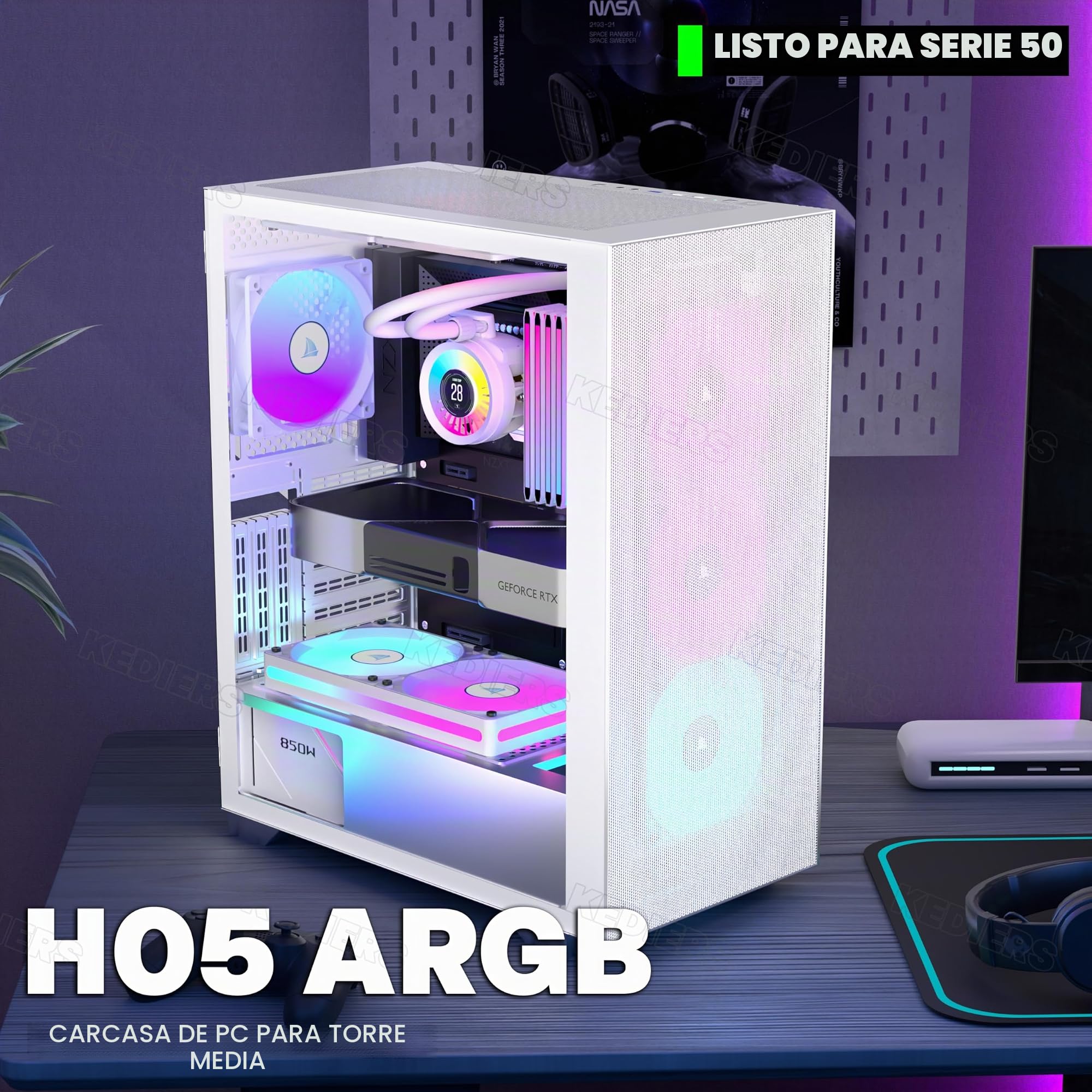 KEDIERS Caja de PC - 6 ventiladores PWM preinstalados, carcasa ATX Mid Tower Gaming Vivienda de malla para ordenador con panel lateral de apertura de vidrio templado (blanco, G300)