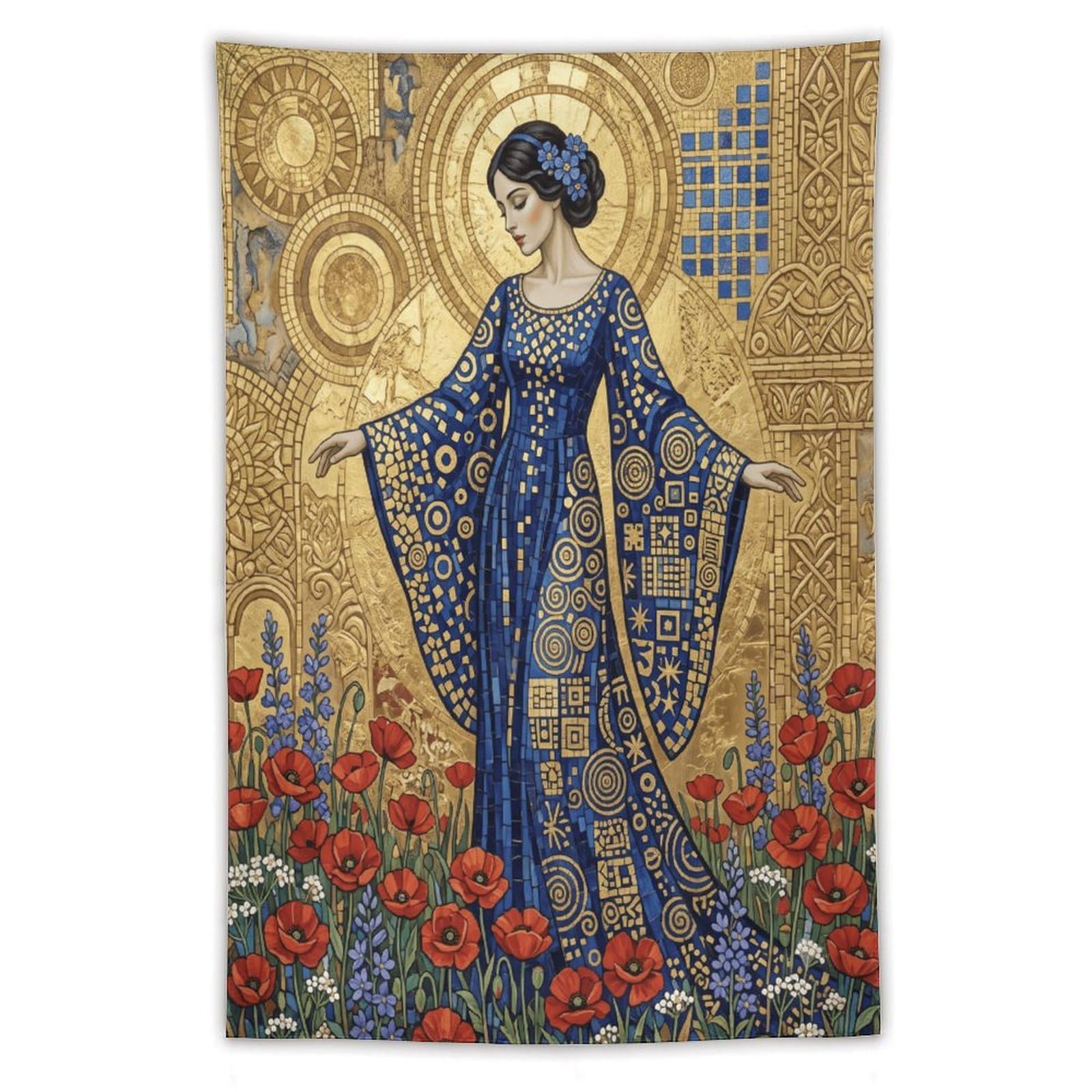 W7C8U2X3 Poppy Golden Mosaic Woman Wall Tapestry, Ornate Floral Halo