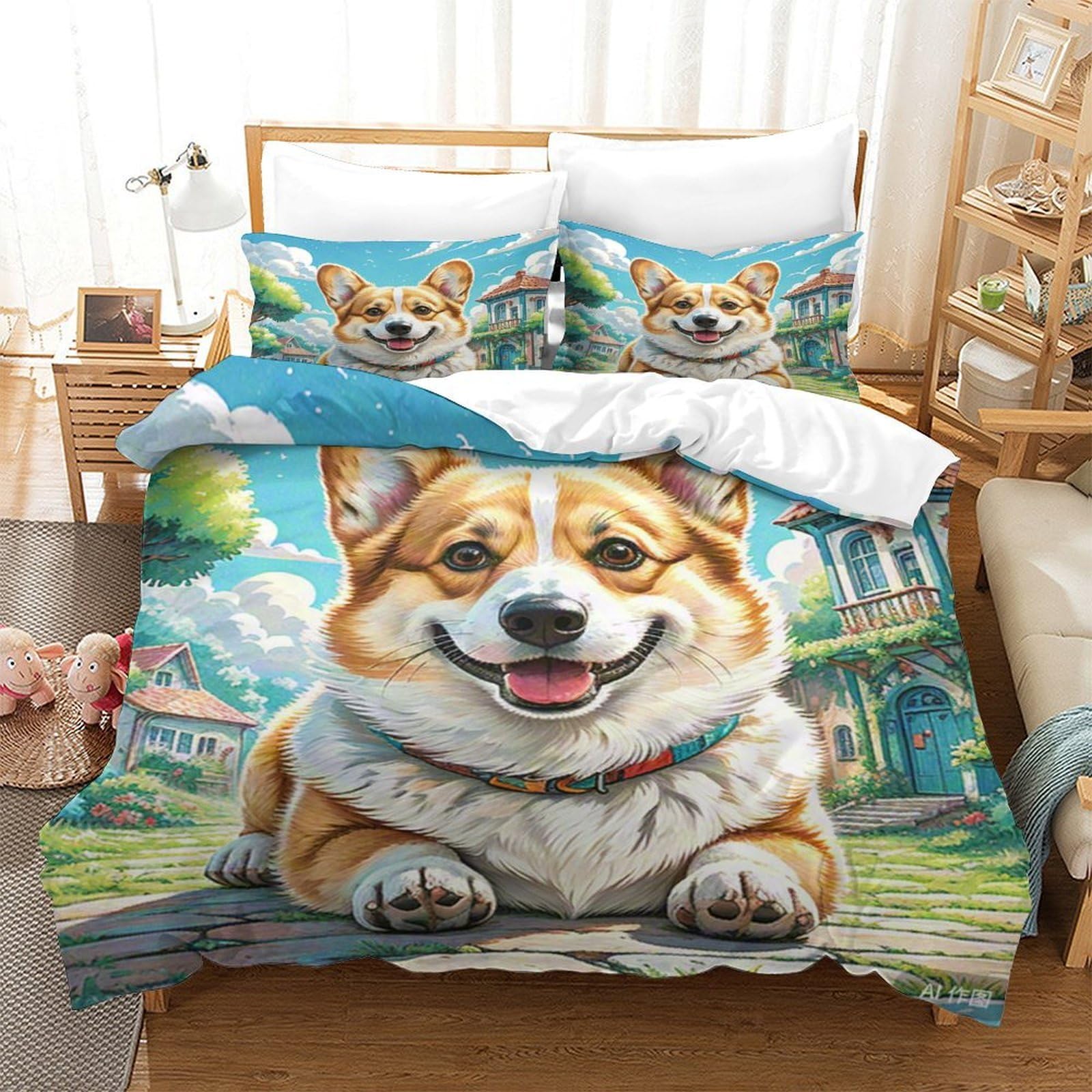 Housse de couette Corgi lit simple 140x200 parure microfibre zippée pour chambre ado