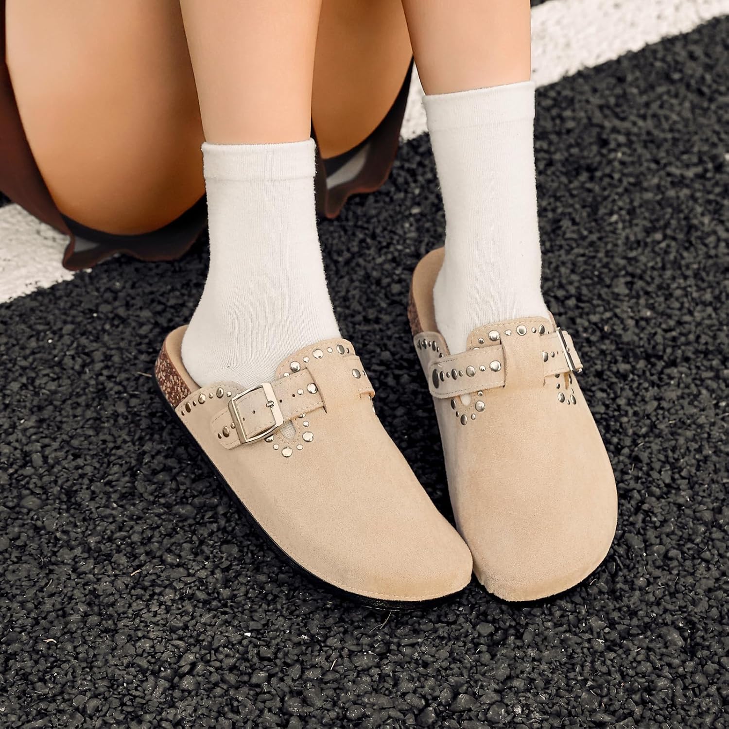 YorFotMae Womens Suede Clogs Mens Leather Slip On Mules Comfortable Adjustable Buckle Arch Support Slippers Cork Footbed Studded Potato Shoes - Image 2