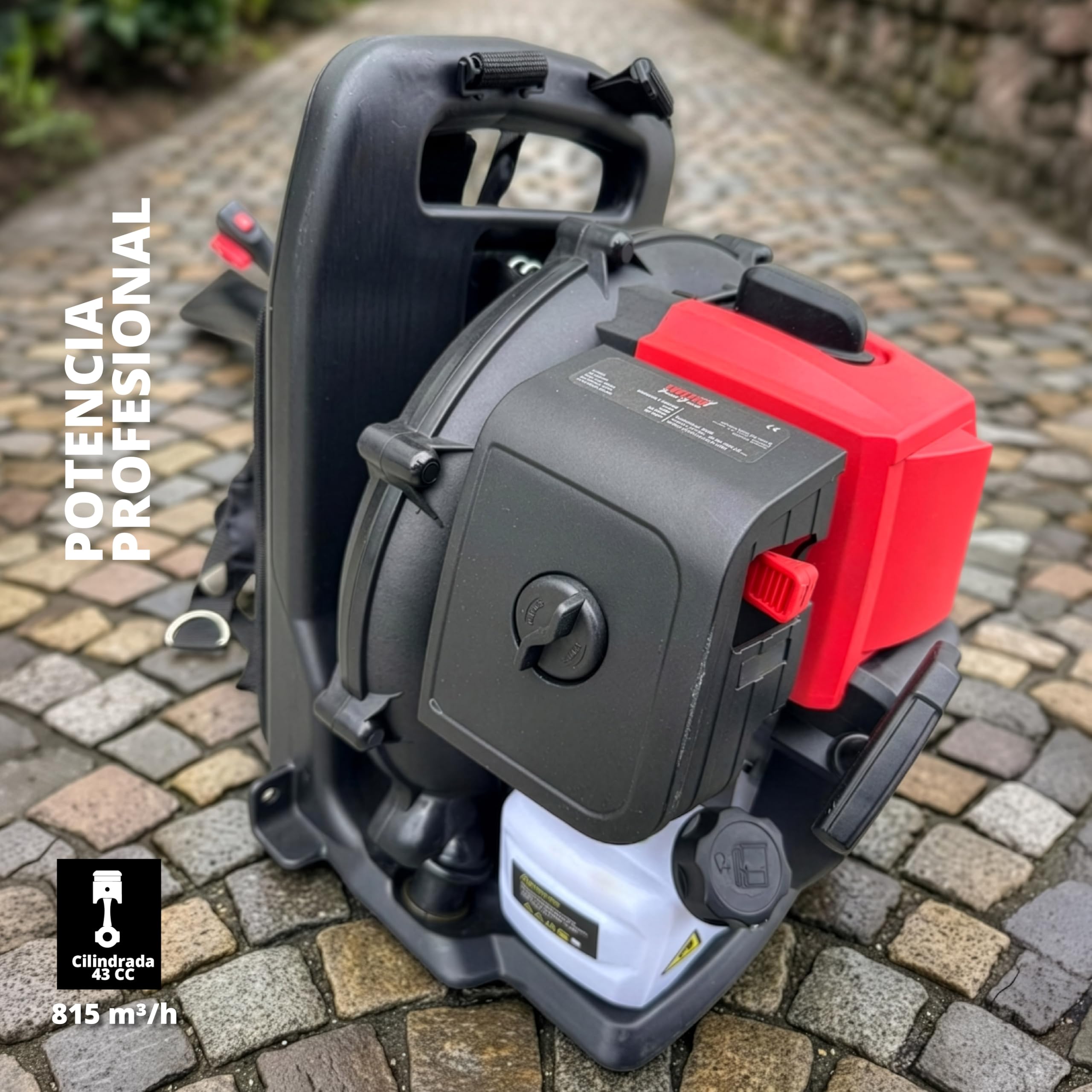Soplador de Hojas Gasolina 43cc de Mochila – soplador de Aire Potente con Motor 2 Tiempos 1,6cv y Arranque fácil – Ideal para Jardines, ergonómico y Limpieza de caudal.