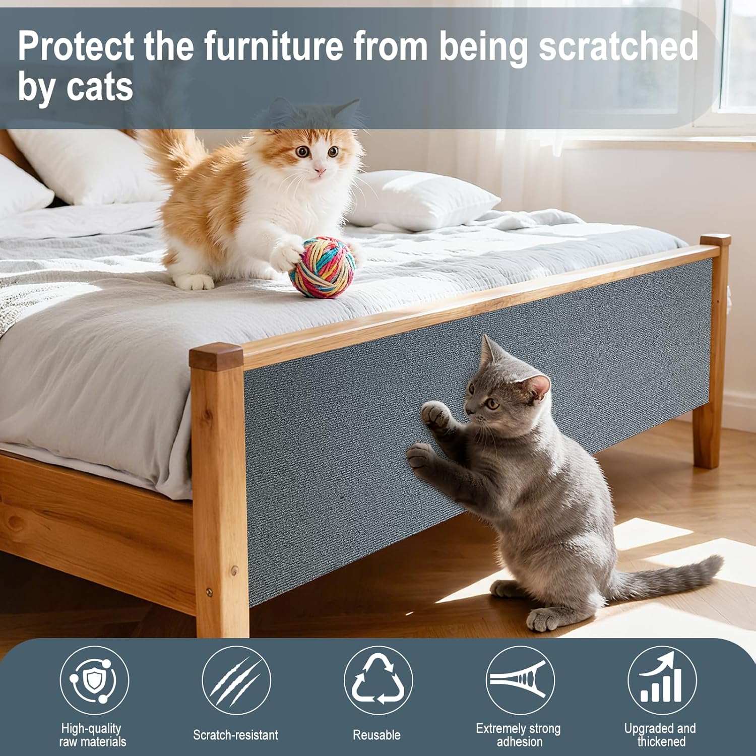 Cat Scratch Mat for Couch, Wall & Cat Tree - 78.7" Trimmable Self-Adhesive Cat Scratcher, Cat Scratch Furniture Protector, Felt Alternative to Sisal, DIY Cat Tower Replacement, 2 Pack(Light Grey)