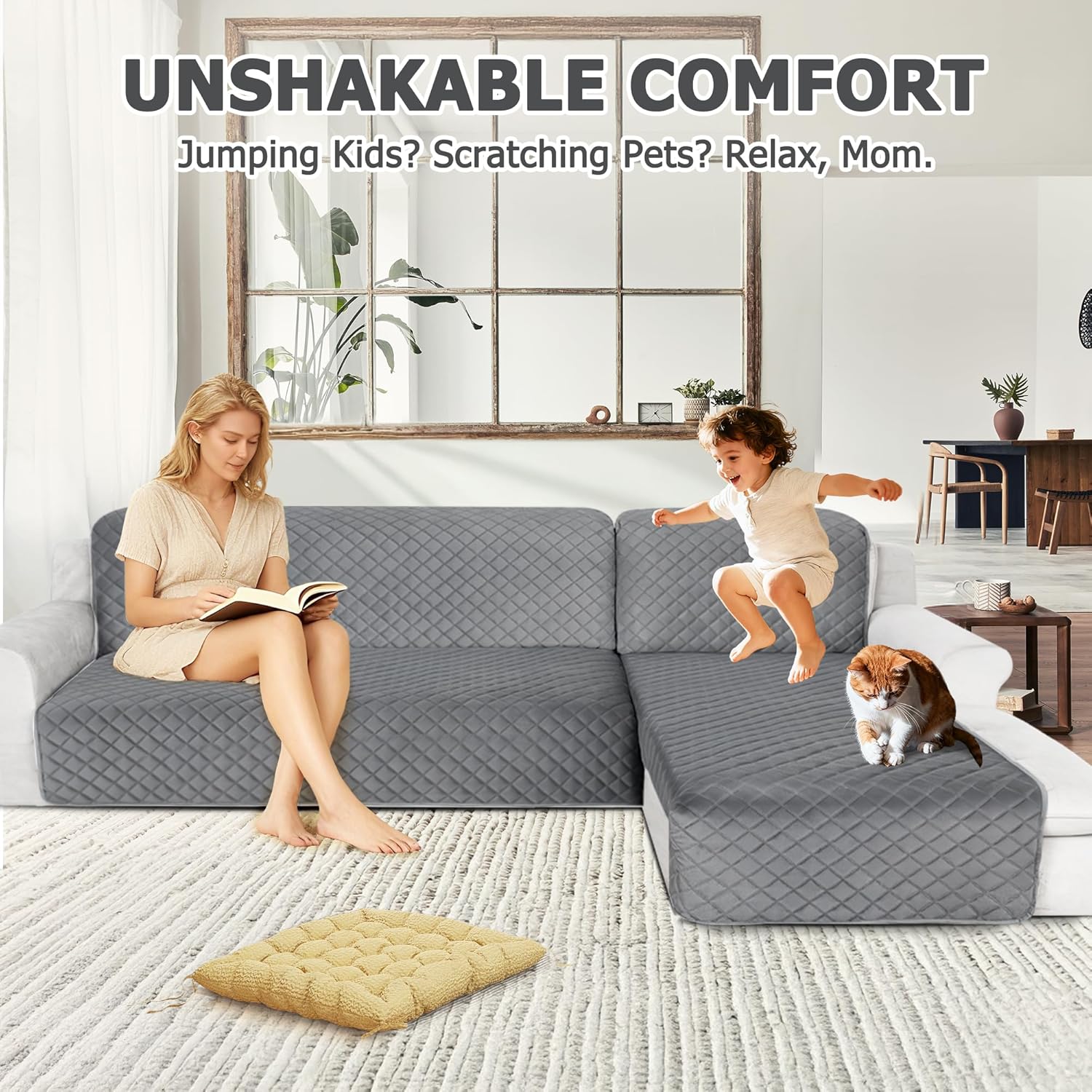 HDCAXKJ Waterproof Sectional Couch Covers Velvet Quilted 2-Pieces L Shape Sofa Cover Washable Thick Non Slip Sectional Slipcovers with Chaise Furniture Protector for Dogs Pets (Dark Gray, Large)