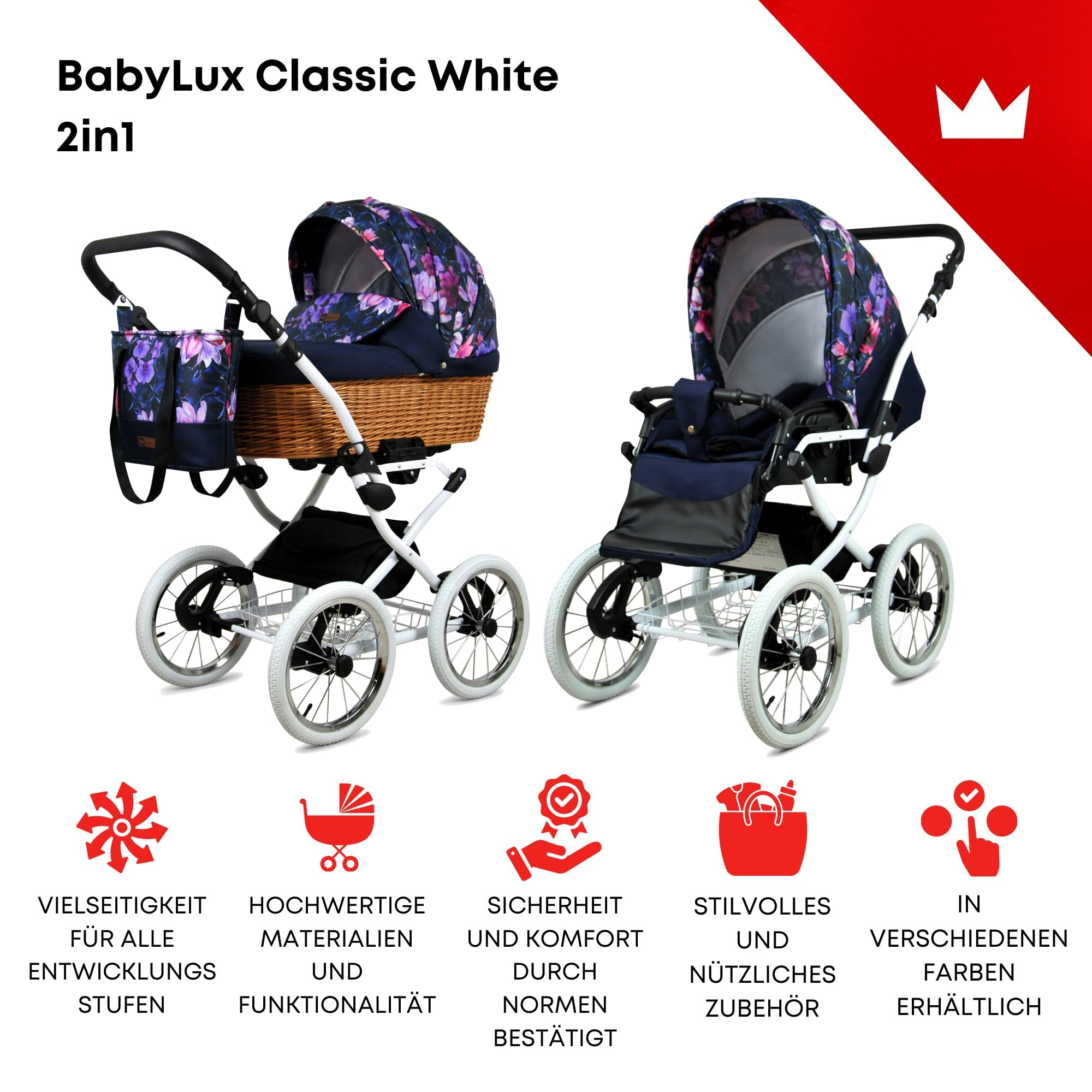 BabyLux ALU 2w1 Wózek dla Malucha – Wózki spacerowe & Wózki dziecięce – Wózek spacerowy dla Noworodka i Malucha – Wózek dla Noworodka – 59x105x125cm – Max 15kg – Royal Magnolia White Frame