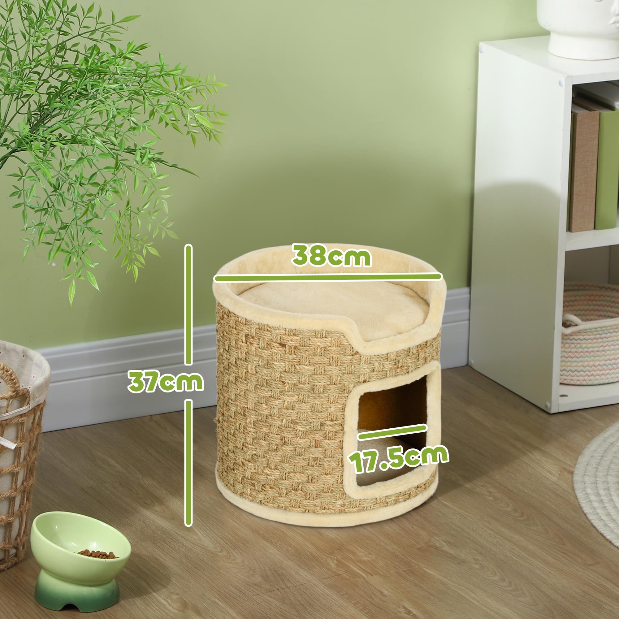 PawHut Albero Tiragraffi per Gatti Alto 37cm a 2 Livelli con Nicchia, Cachi | Torre per Gatti a Cilindro, Corda in Erba Marina e Sisal, Rivestimento in Peluche, Fino a 5 kg