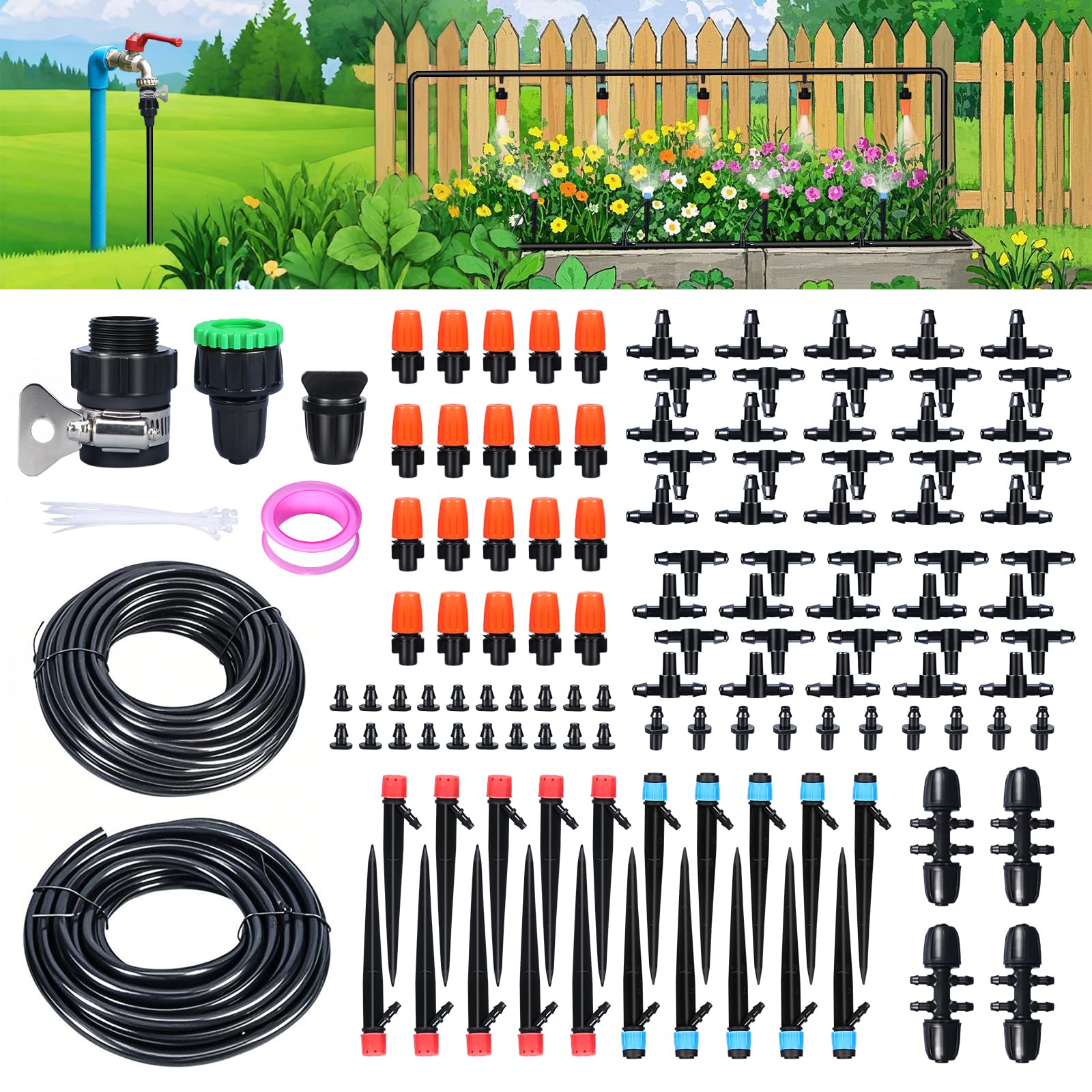 ASEVAT Kit de sistema de riego por goteo, sistema de riego de jardín de 26 pies + 197 pies con conectores de emisores de goteo, tubo de distribución de manguera, kit de riego automático por goteo para