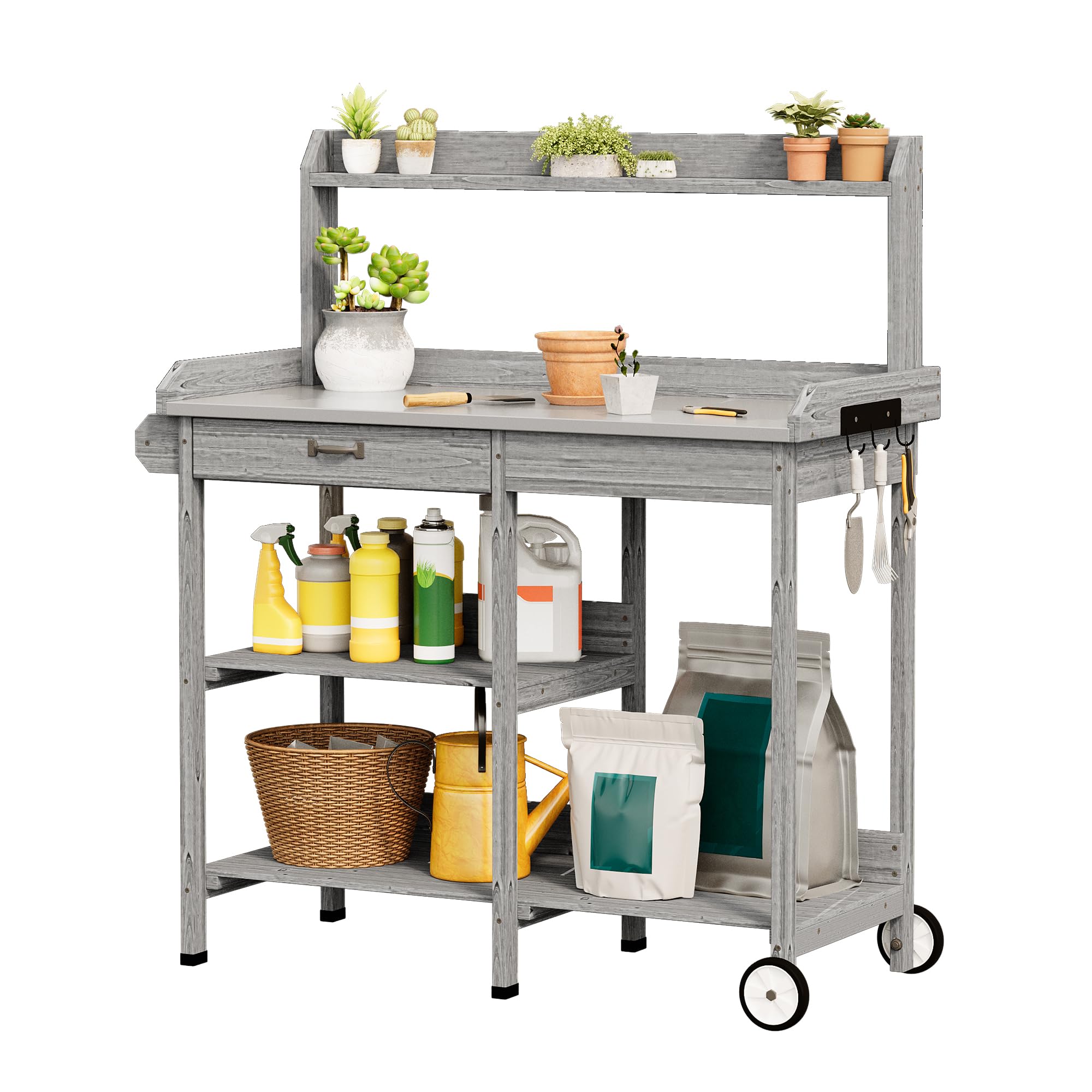 Xbro Table de Rempotage Mobile en Bois, Grand Espace de Rangement avec Tiroir, Étagères et Crochets, Plateau en Métal Galvanisé, Idéale pour Balcon, Terrasse et Jardin, 112 x 43 x 121 cm, Gris
