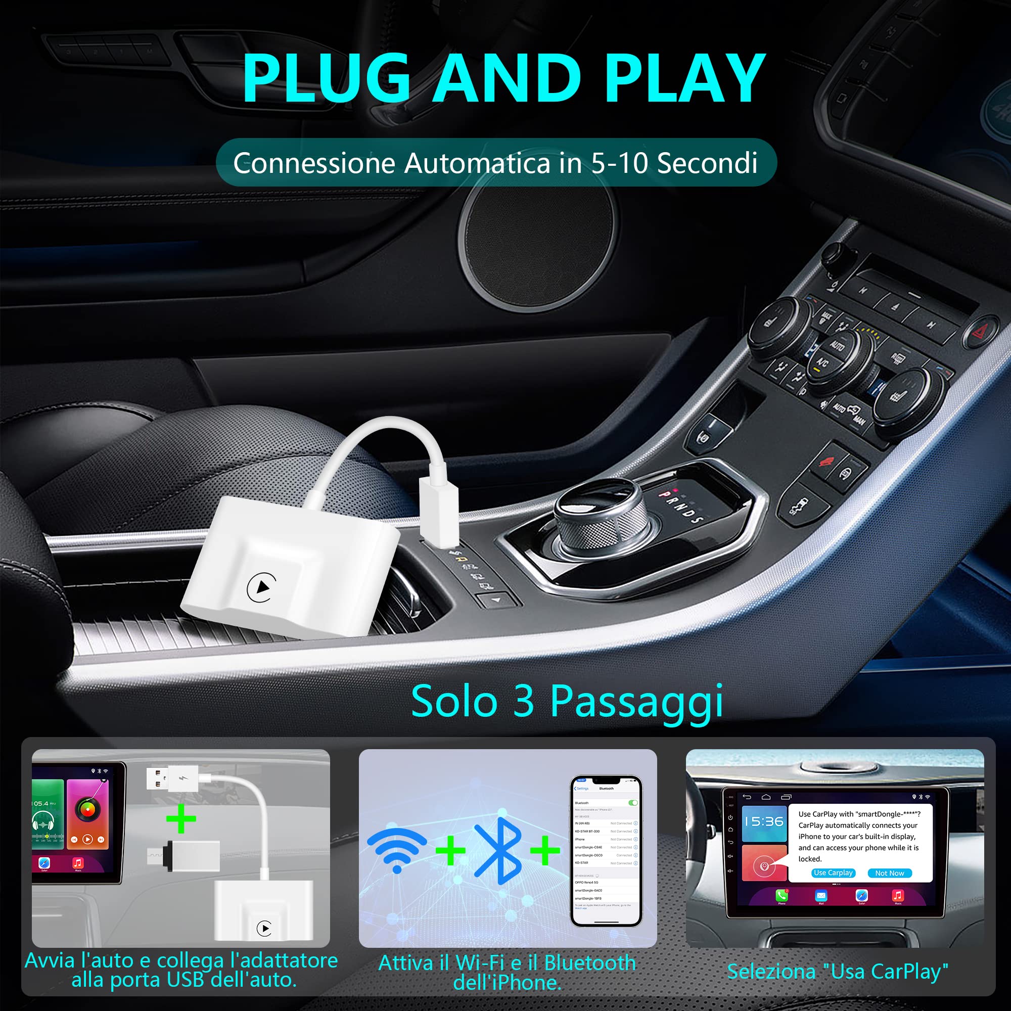 Adattatore Wireless Carplay per iPhone, Dongle Carplay Adapter Aggiornato Convertire Carplay da Cablato a Senza Fili Plug & Play Collegamento Automatico, per Auto con Carplay Cablato Dopo il 2016