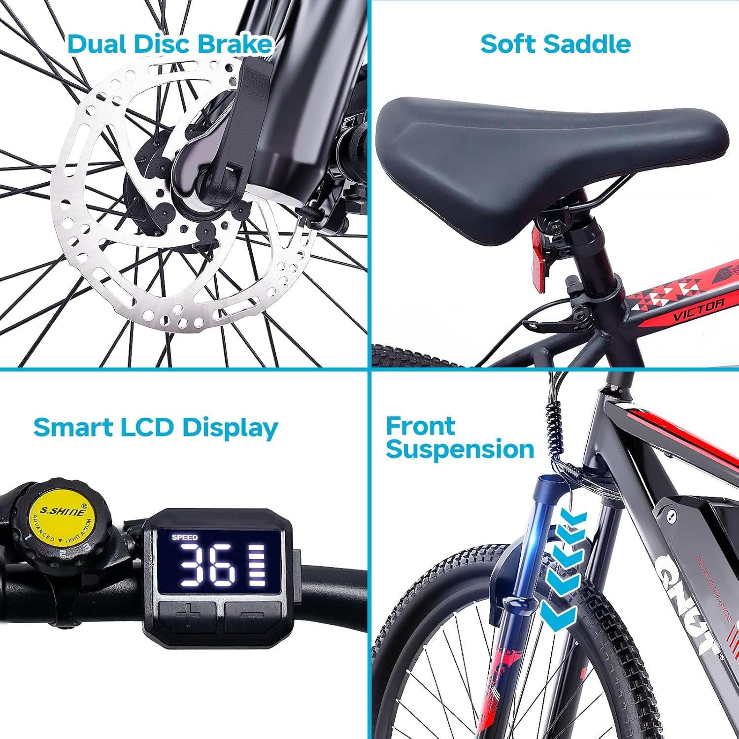 Close-up of QNUT Electric Bike components: Dual Disc Brake, Soft Saddle, Smart LCD Display, Front Suspension