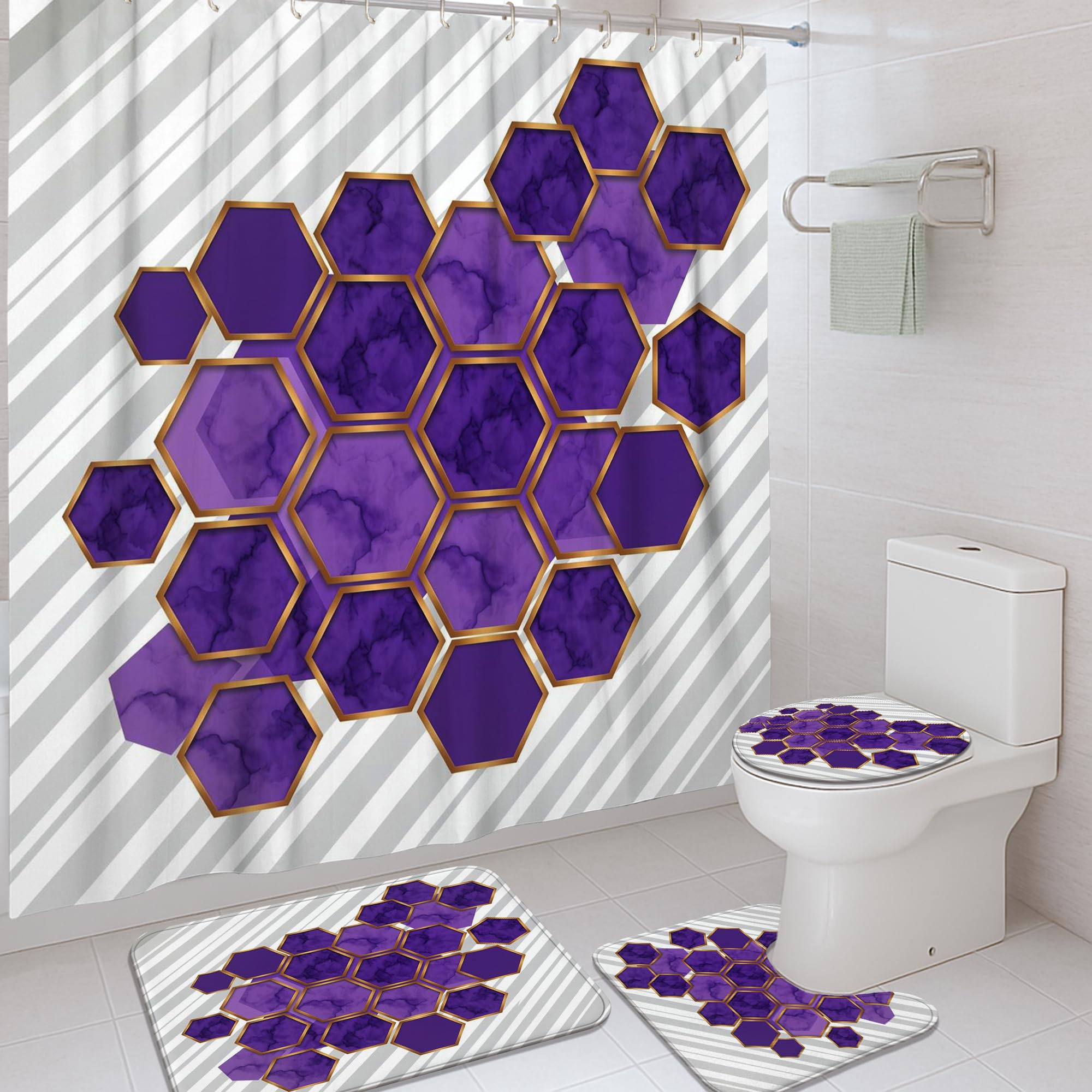 Rideaux de douche hexagonaux marbrés et tapis de bain assortis en tissu