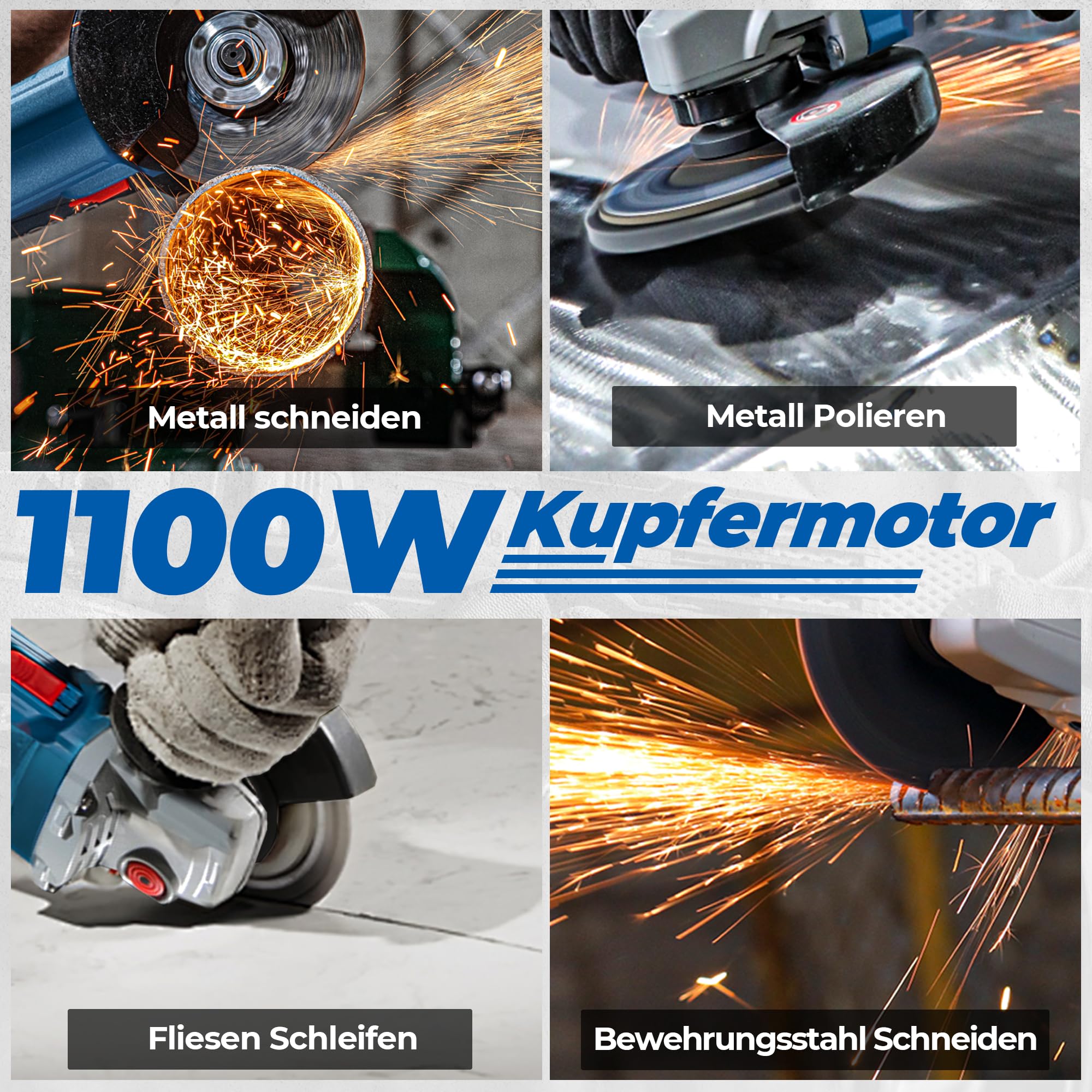 DongCheng Szlifierka kątowa 1100 W, 125 mm, prędkość biegu jałowego 11 800 obr./min, osłona szybkiego zamknięcia, uchwyt, 2 tarcze szlifierskie, 2 wachlarzowe tarcze szlifierskie, 2 tarcze tnące