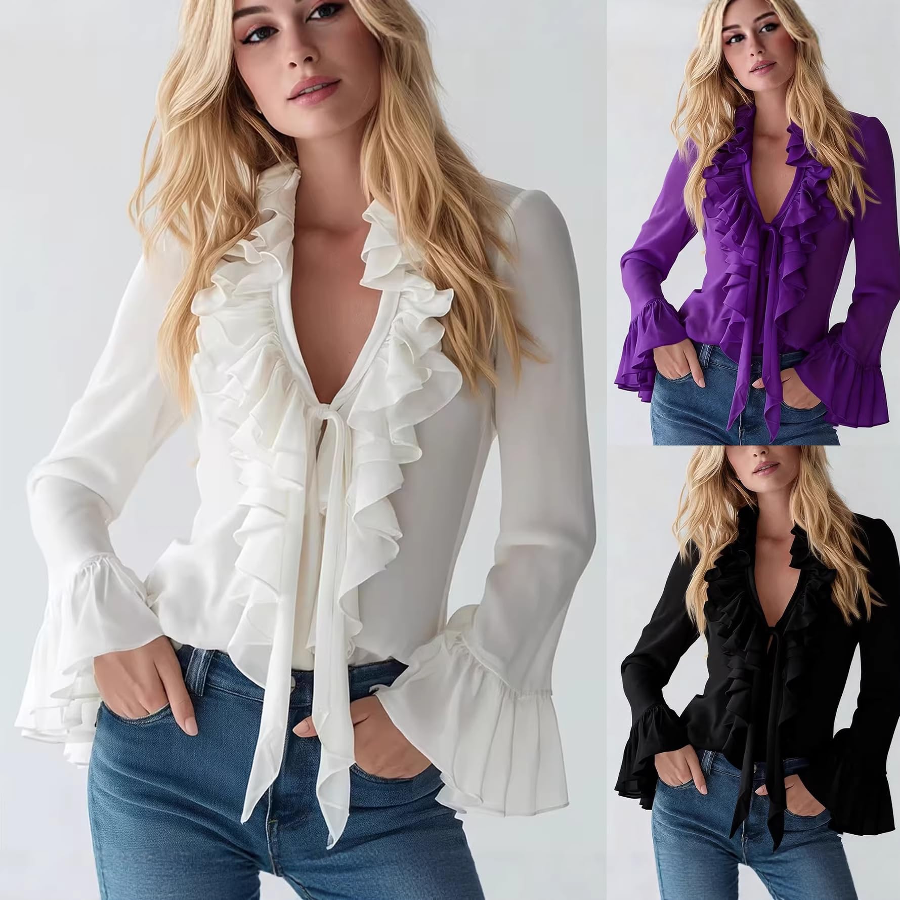 Elegante blusa de gasa con cuello en V y volantes para mujer, manga larga, con volantes, lazo frontal, cuello con volantes, blusa de gasa