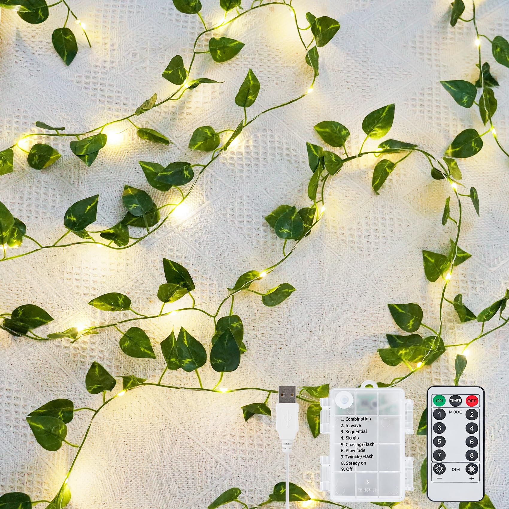 Kaszoo Pothos-Usb/Battery Powered-100 Led-Copper Wire 33Ft 100 Led Vine With Fairy Lights - Pothos String Lights Battery/Usb Operated, Ivy Garland With Remote, Leaf Lights For Bedroom Garden Party Wall Room Decor