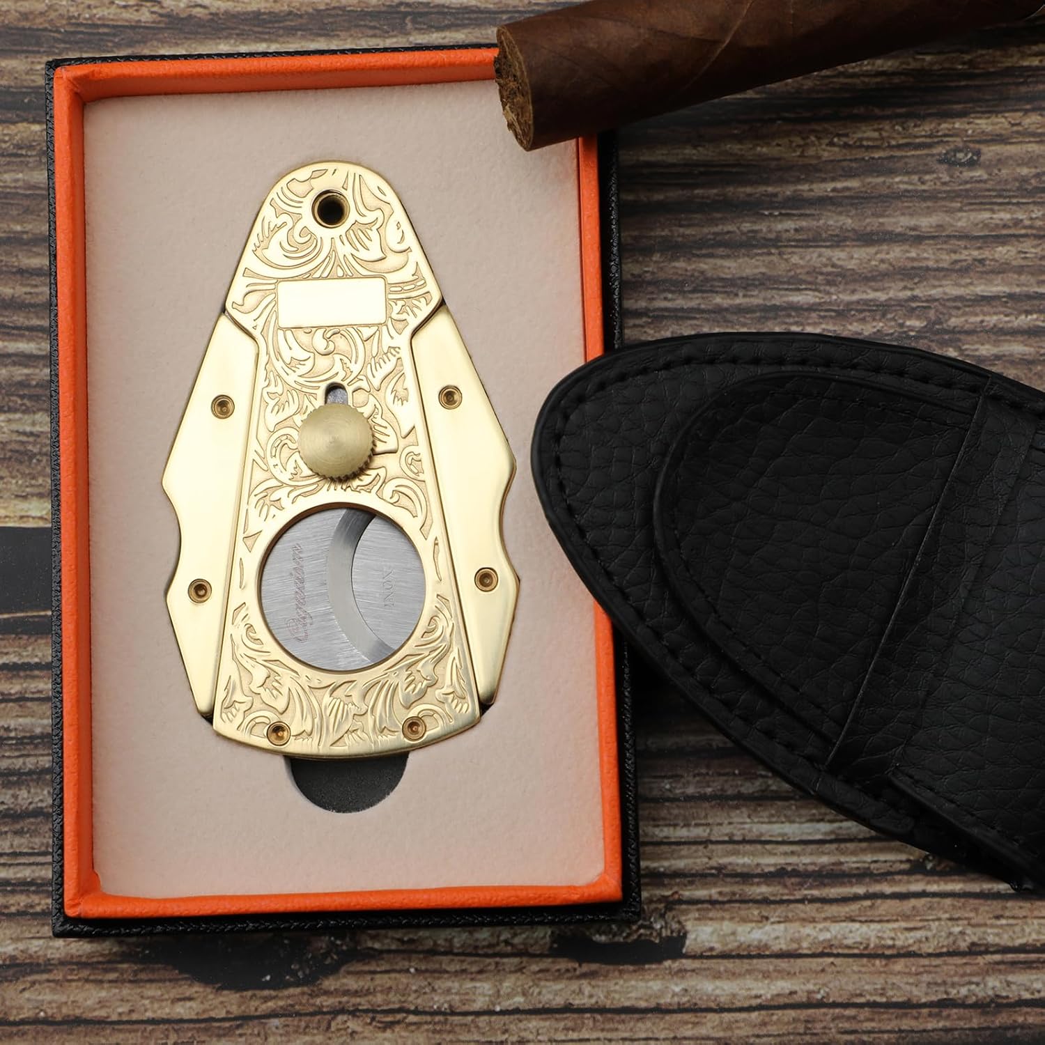 Cigar Cutter Guillotine - Heavy Quality and Dignified Engraved Pattern Cigar Cutters for Men(Gold)