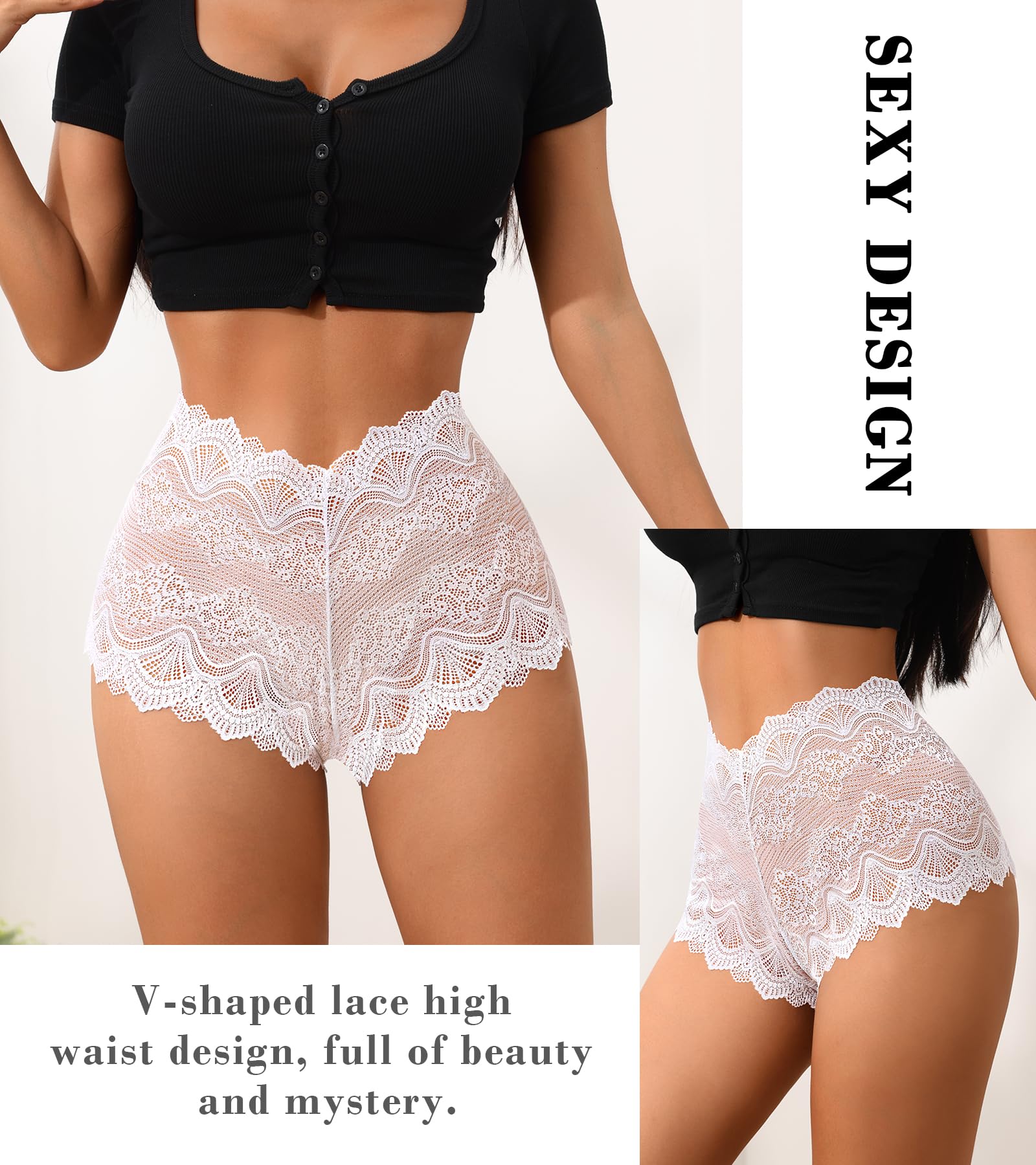 ASIMOON Sexy Women's Underwear Soft Lace Cheeky Panties Lightweight High Waist Bikini Underwear for Women 3Pack: Large Multicolor (3 Pack)