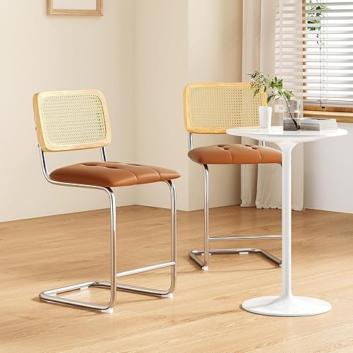 Miniatura 7 de Farini Juego de 2 taburetes de bar tapizados de piel sintética con respaldo de ratán, taburetes de 26 pulgadas, sillas de bar sin brazos para isla