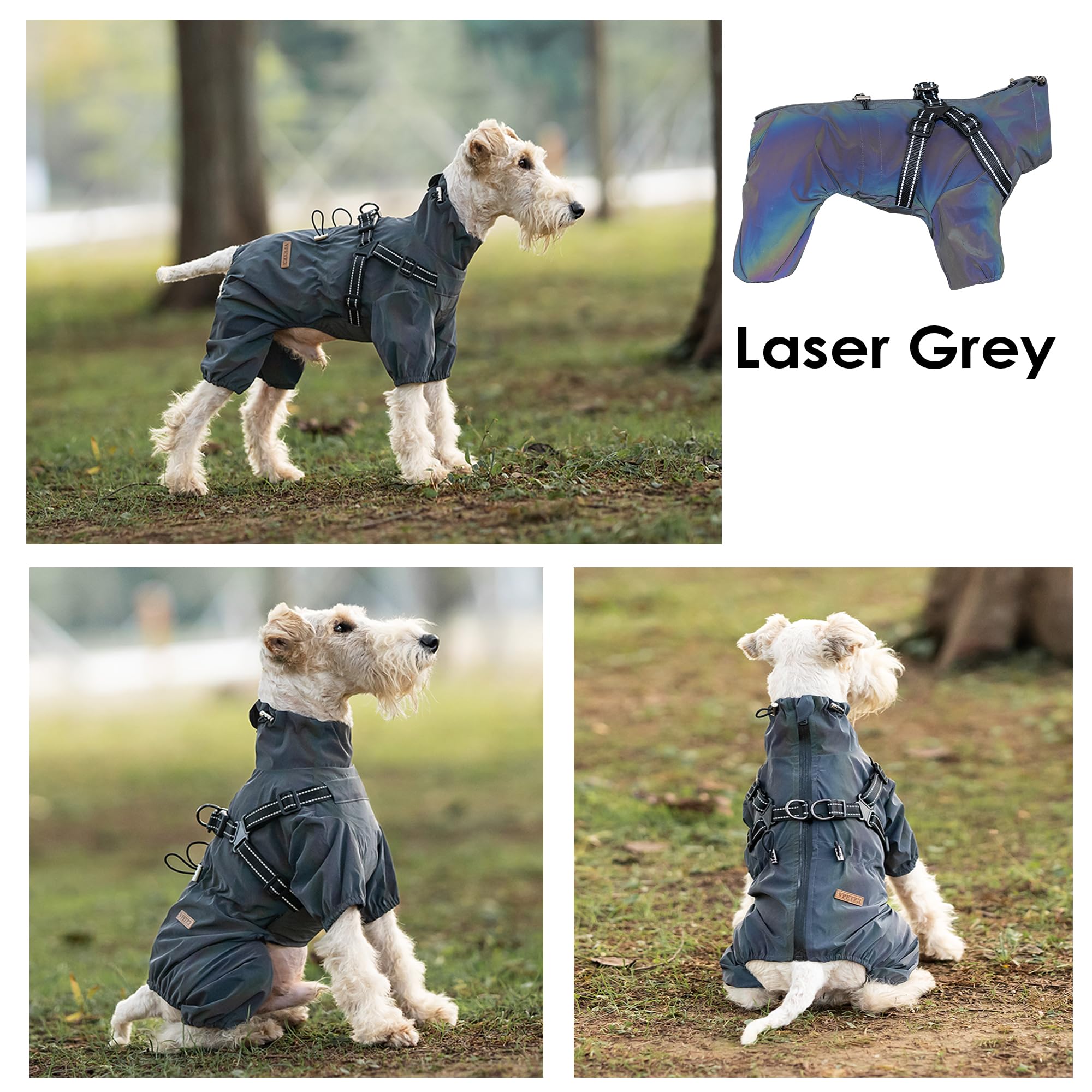 Hundegeschirr-Regenmantel, verstellbare Hundejacke mit Geschirr für 4 Beine, reflektierender Overall, wasserdichter Mantel für mittelgroße und große Hunde, Lasergrau 3XL
