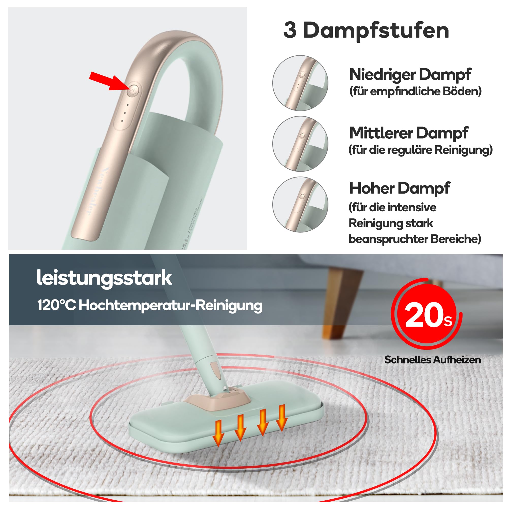 Newbealer 2-in-1 Dampfreiniger, 1200W Handgerät mit abnehmbarem Reiniger, 3 Dampfstufen, 7 Zubehörteile und 2 Mikrofaserpads, Ideal für Alle Böden, Teppiche | 3 einstellbare Ebenen für Teppich-Laminat, Hartholz-Fugenmörtel, Teppichgleiter, 7 Mehrzweck-Zub