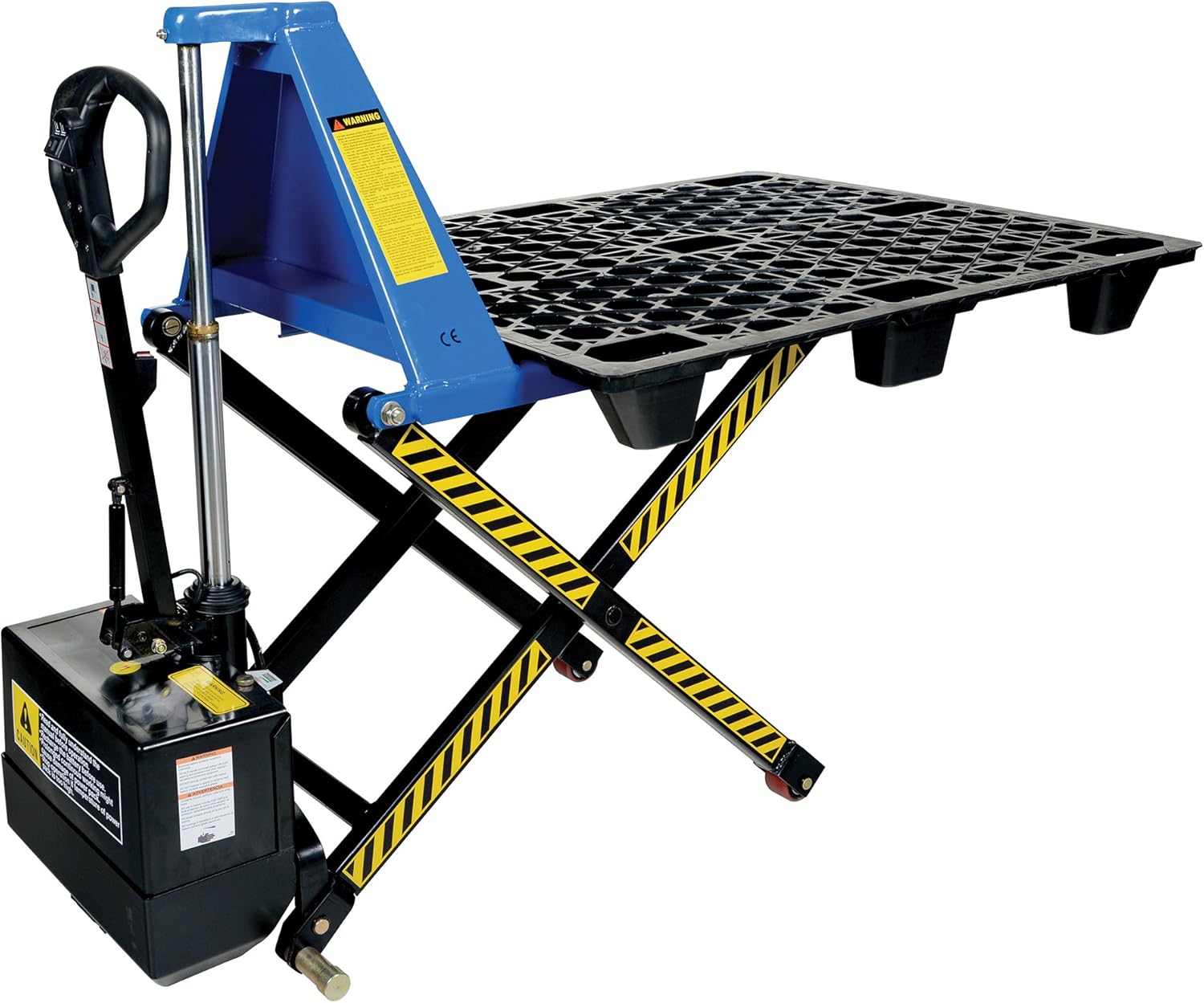 Vestil 27x45 DC Powered Tote Lift 3k with a pallet on its raised forks